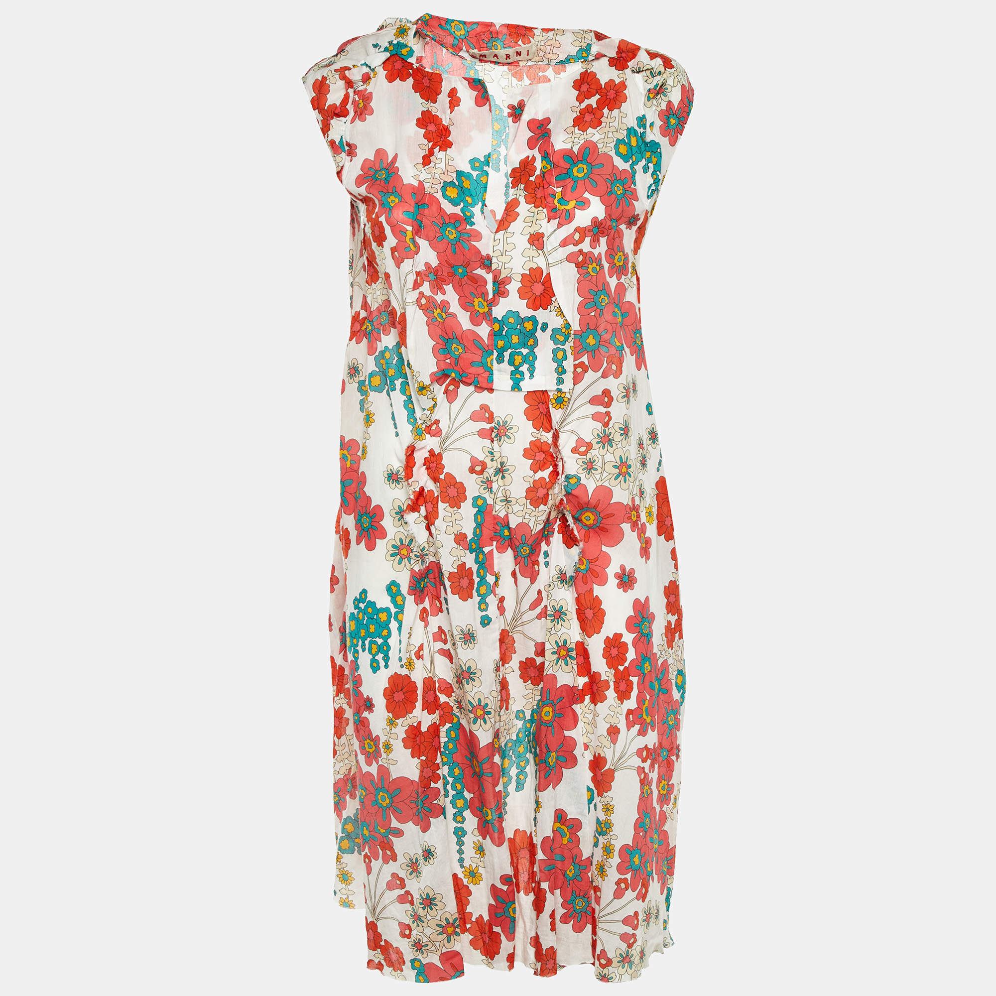 Pre Owned Marni Multicolor Floral Printed Cotton Sleeveless Midi Dress L