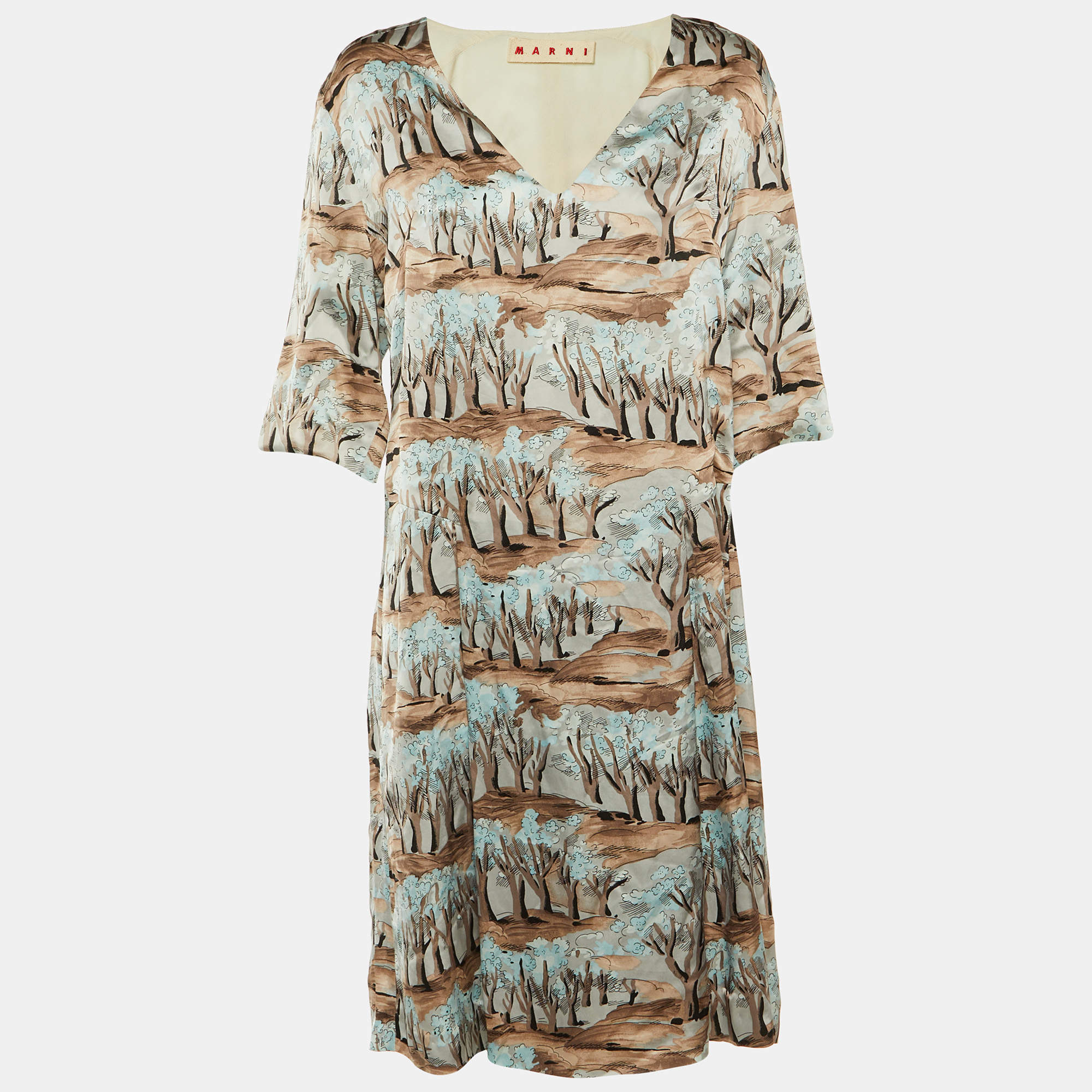 Pre Owned Marni Brown Printed Satin Pleated Shift Dress L