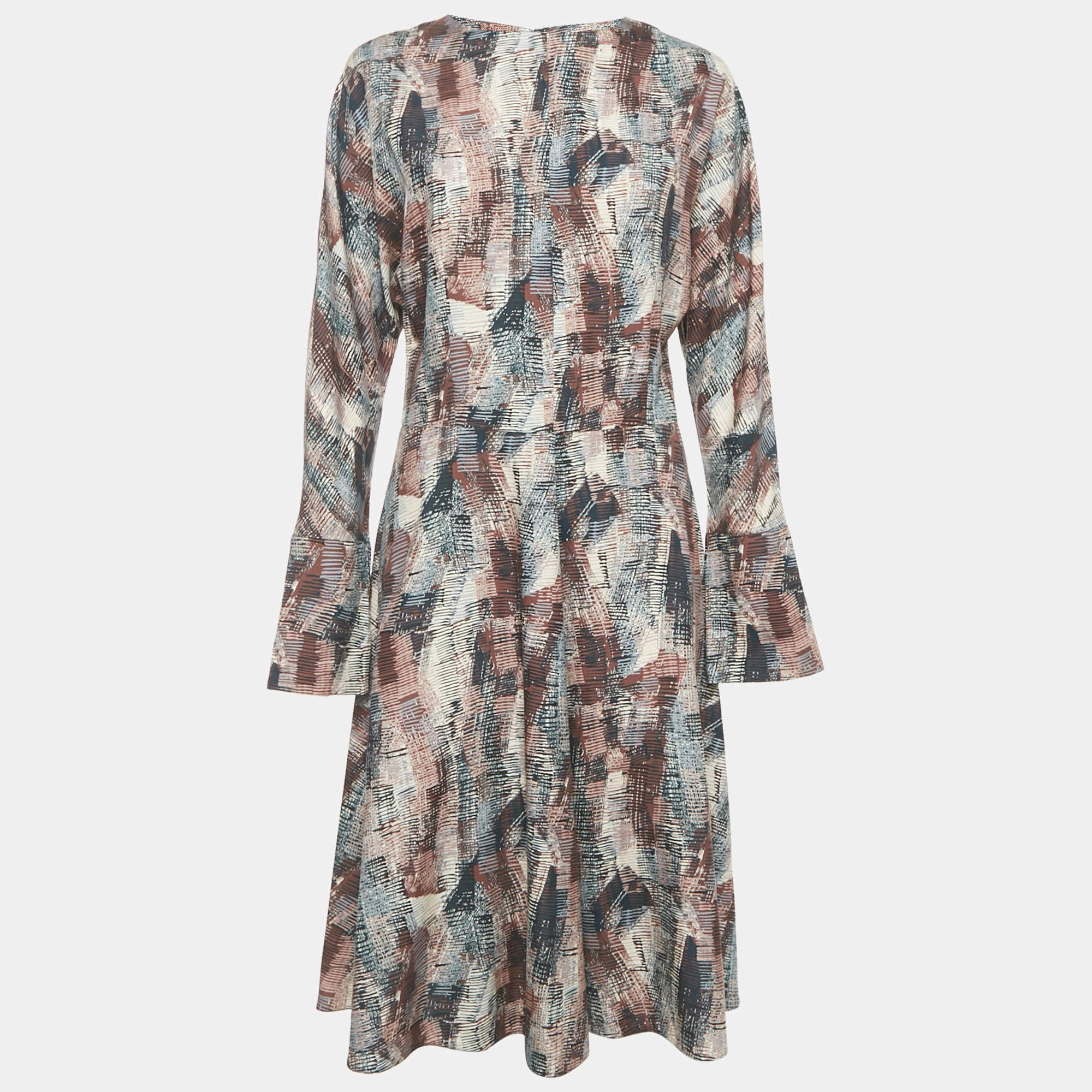 Pre Owned Marni Brown/Navy Blue Printed Silk Midi Dress M