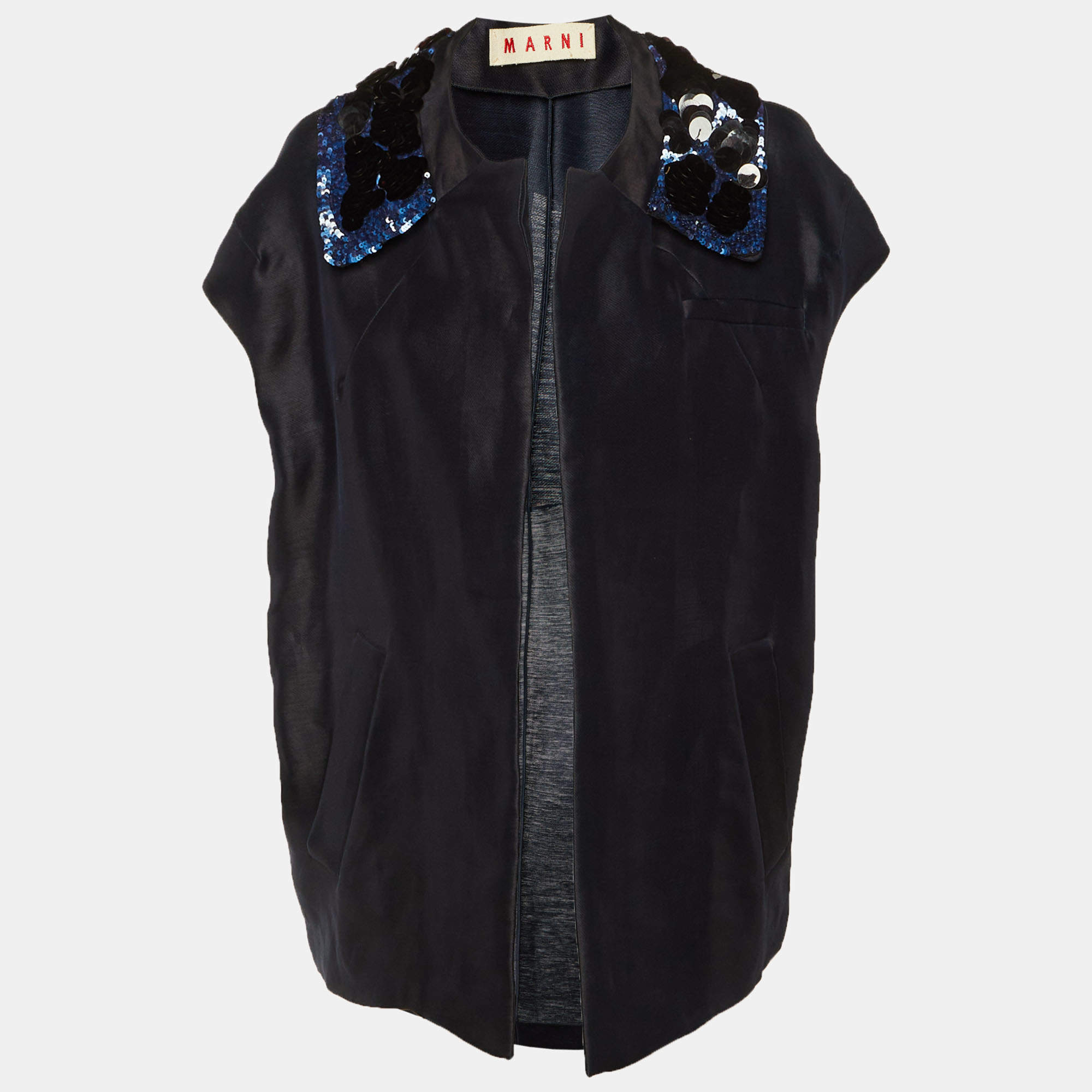 مملوكة مسبقًا Marni Navy Blue Embellished Detail Silk & Linen Open Jacket M