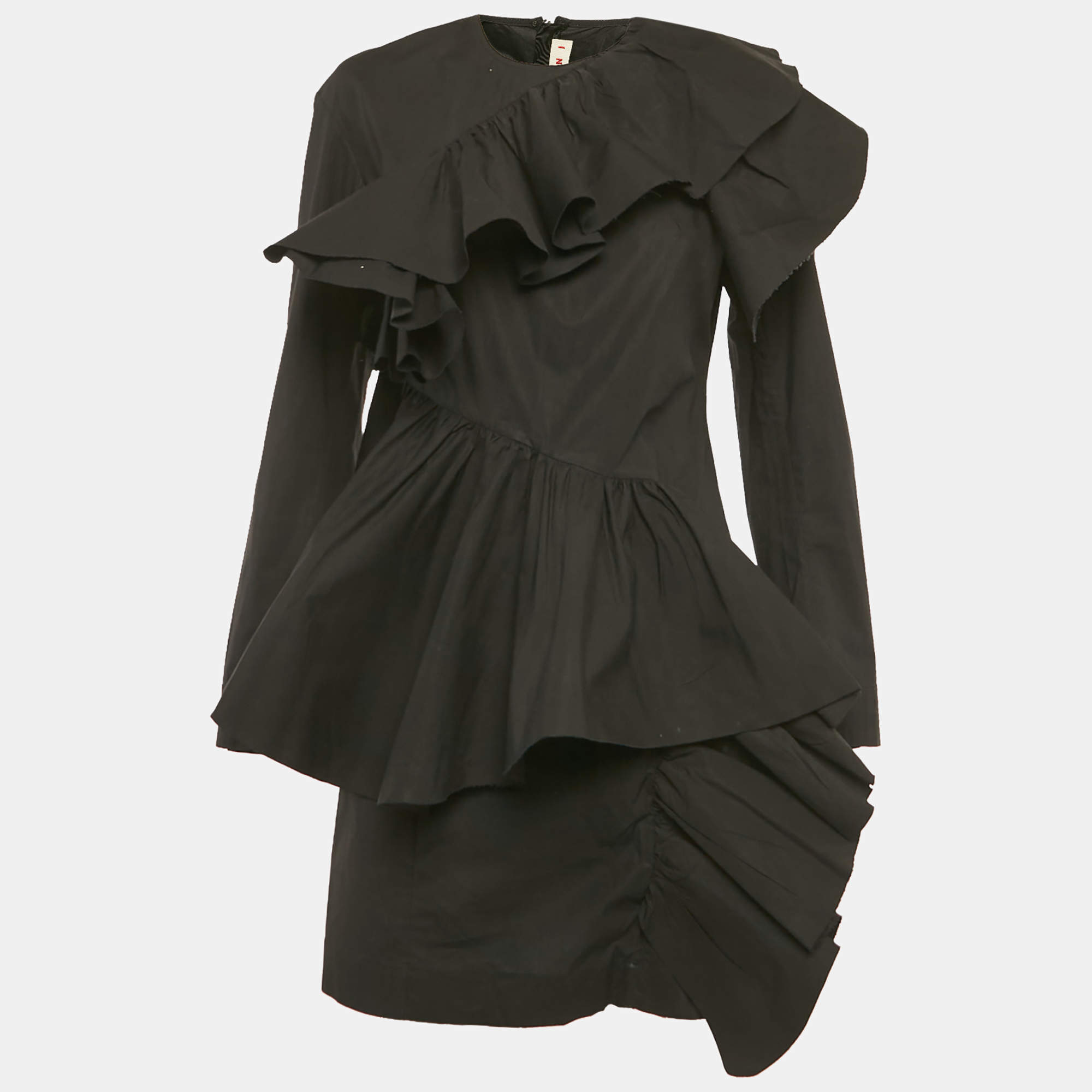 Pre Owned Marni Black Black Poplin Ruffled Mini Dress XS
