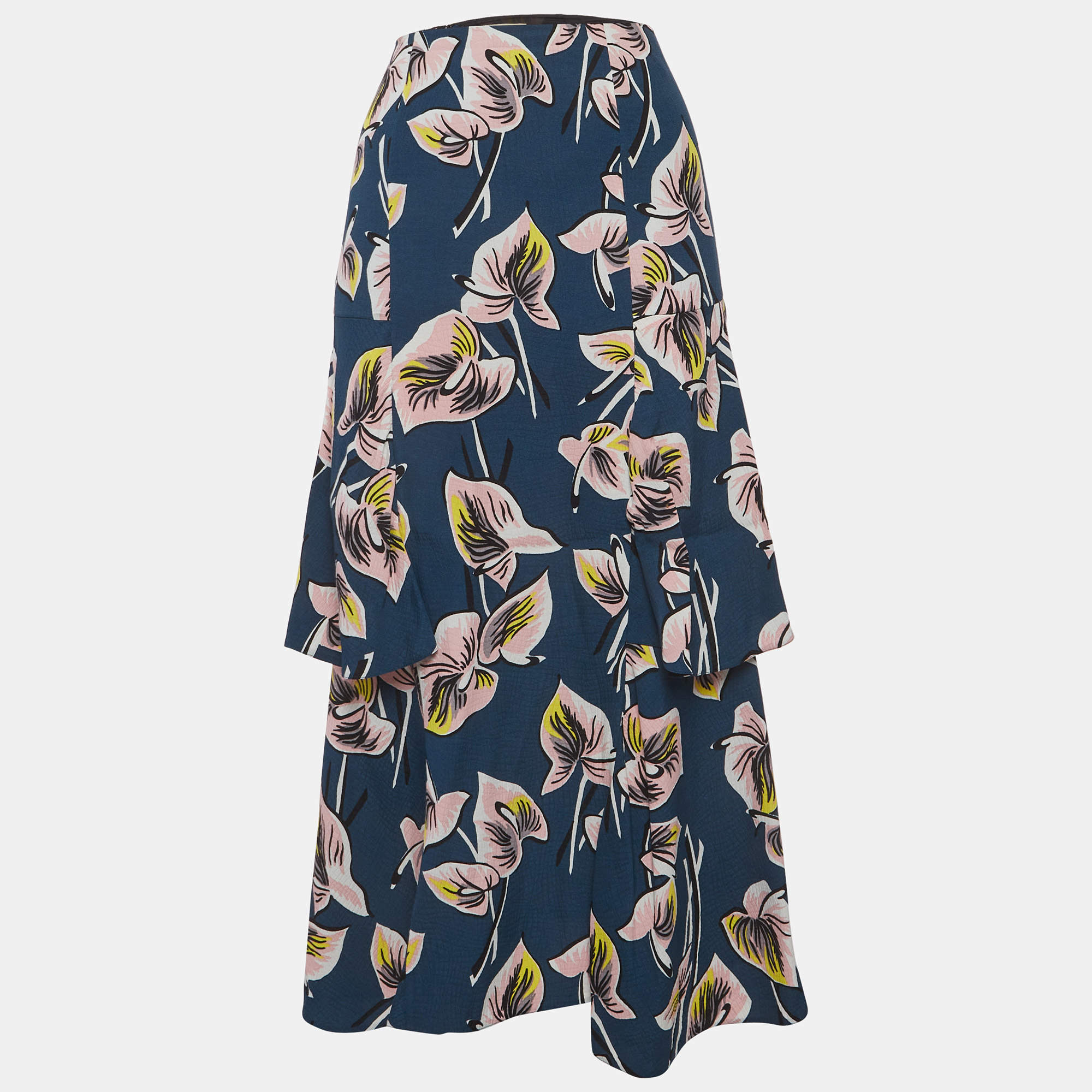 Pre Owned Marni Blue Floral Print Crepe Ruffled Maxi Shirt M
