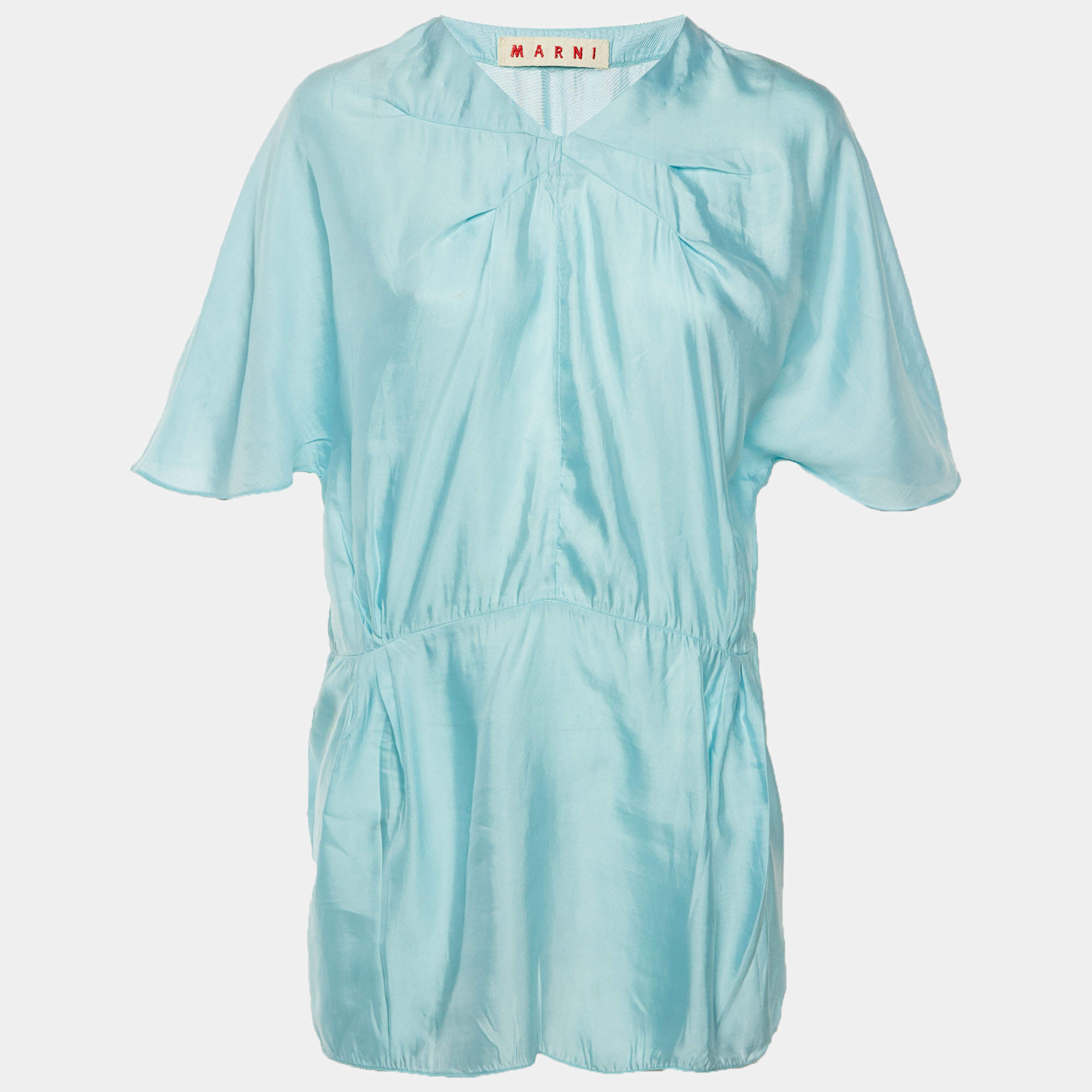 Pre Owned Marni Blue Sateen V-Neck Tunic Blouse L