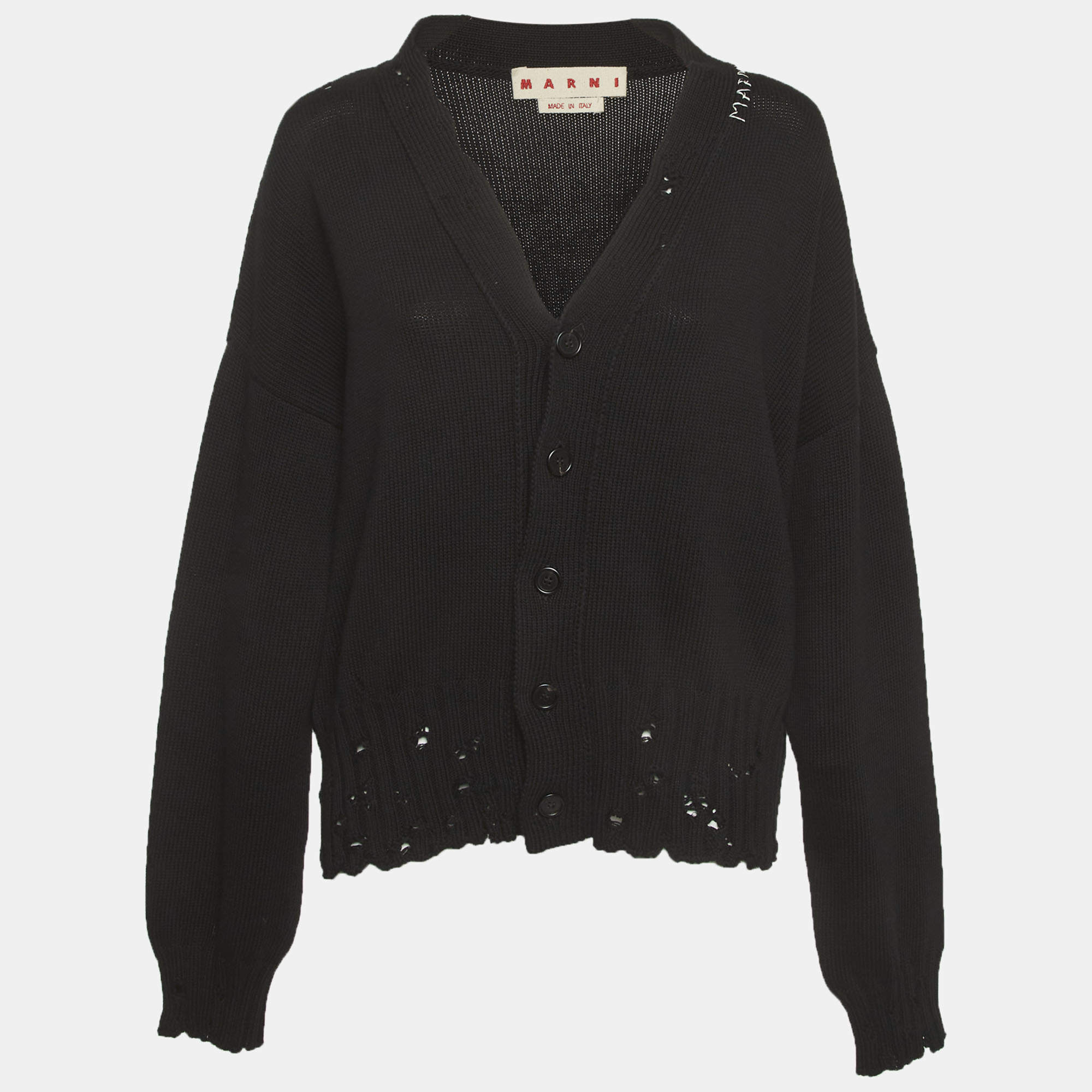 Pre Owned Marni Black Knit Distressed Embroidered Logo Cardigan L