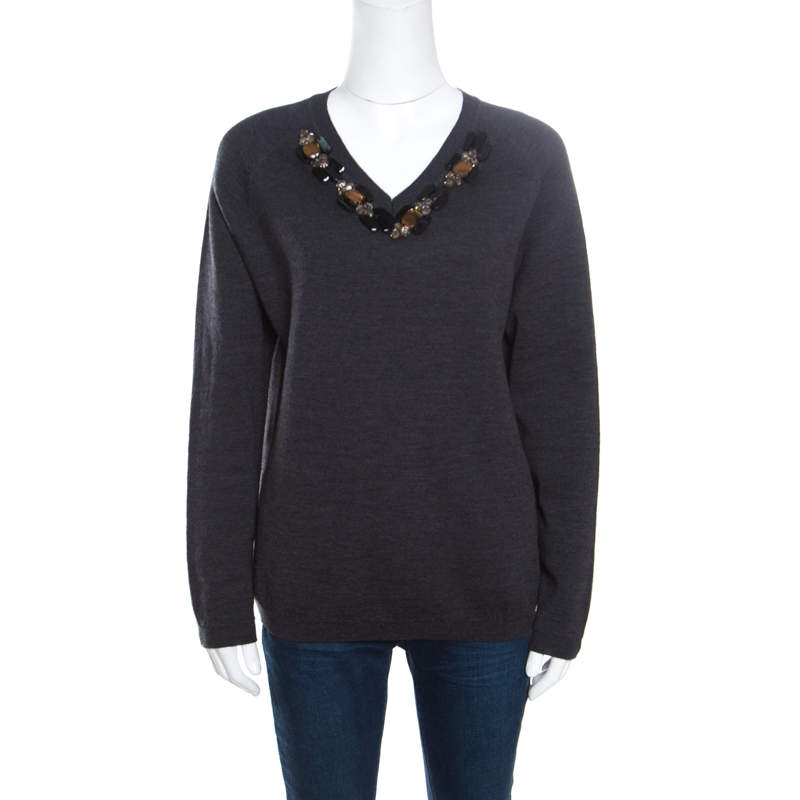 Marni Dark Grey Wool Crystal Embellished V Neck Sweater M