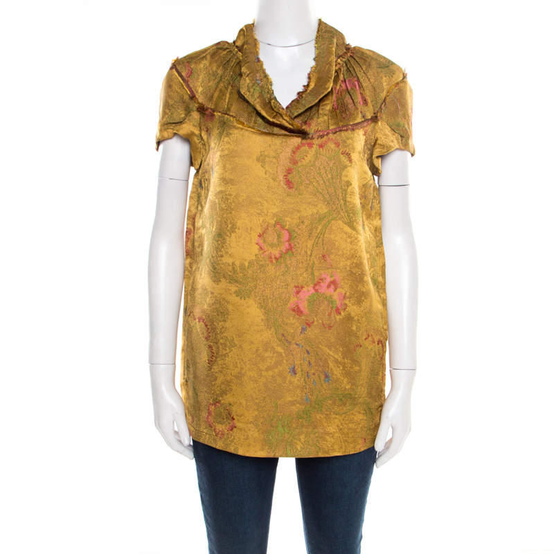 Pre Owned Marni Gold Floral Jacquard Frayed Trim Detail Cap Sleeve Top S