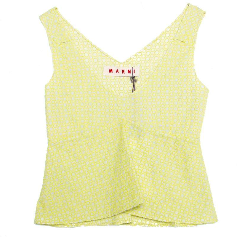 Pre Owned Marni Cream and Lime Green Embroidered Cotton Sleeveless Peplum Crop Top S