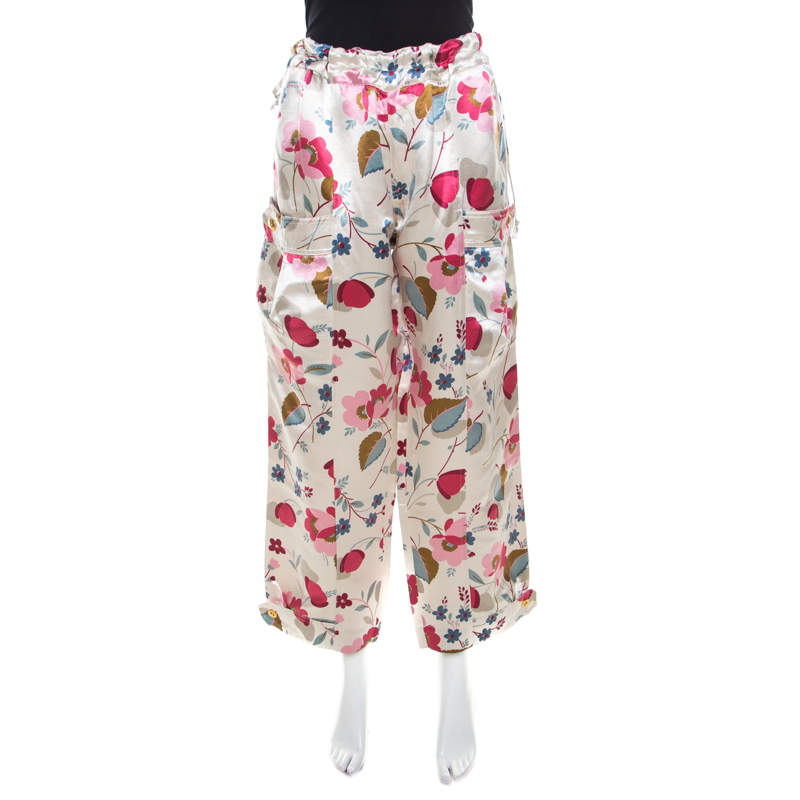 Marni Multicolor Floral Print Linen Silk Drawstring Waist Wide Leg Trousers S
