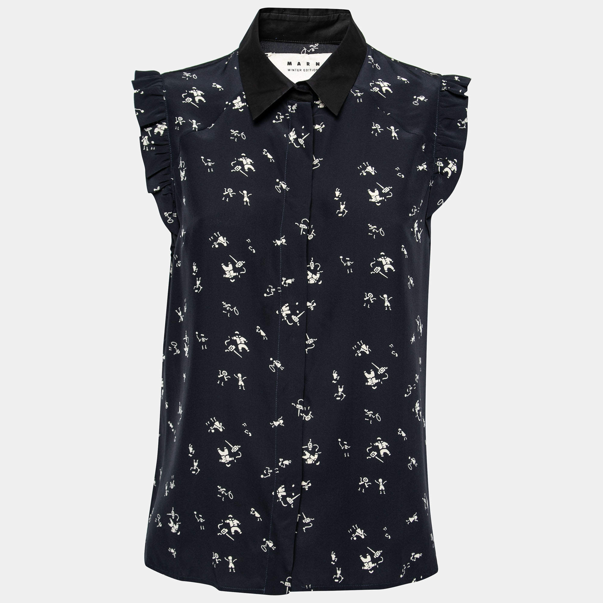 Pre Owned Marni Navy Blue Printed Silk Ruffled Detail Sleeveless Shirt M