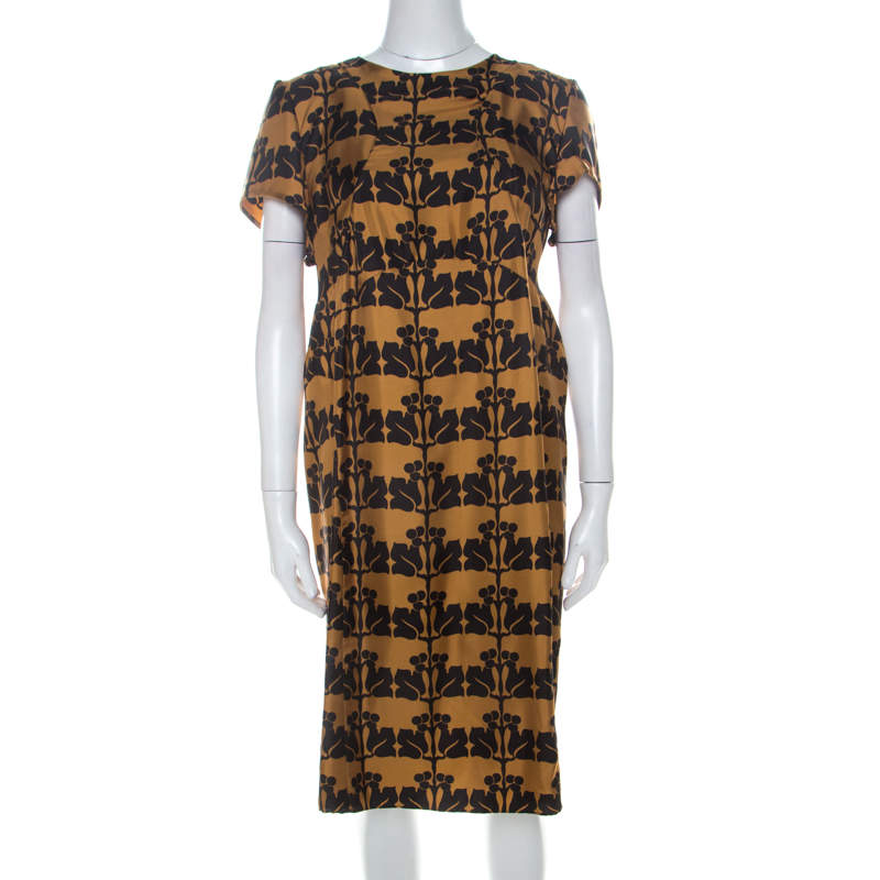 Pre Owned Marni Mustard Yellow and Black Printed Silk Short Sleeve Shift Dress L