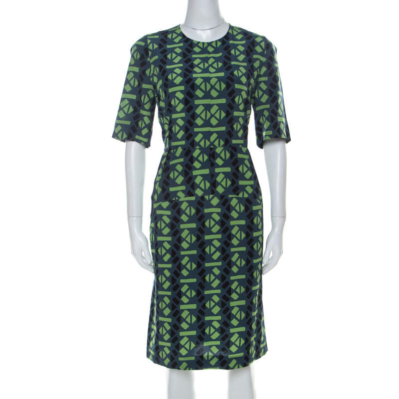 Marni Slate Blue and Green Abstract Geometric Printed Silk Shift Dress M 