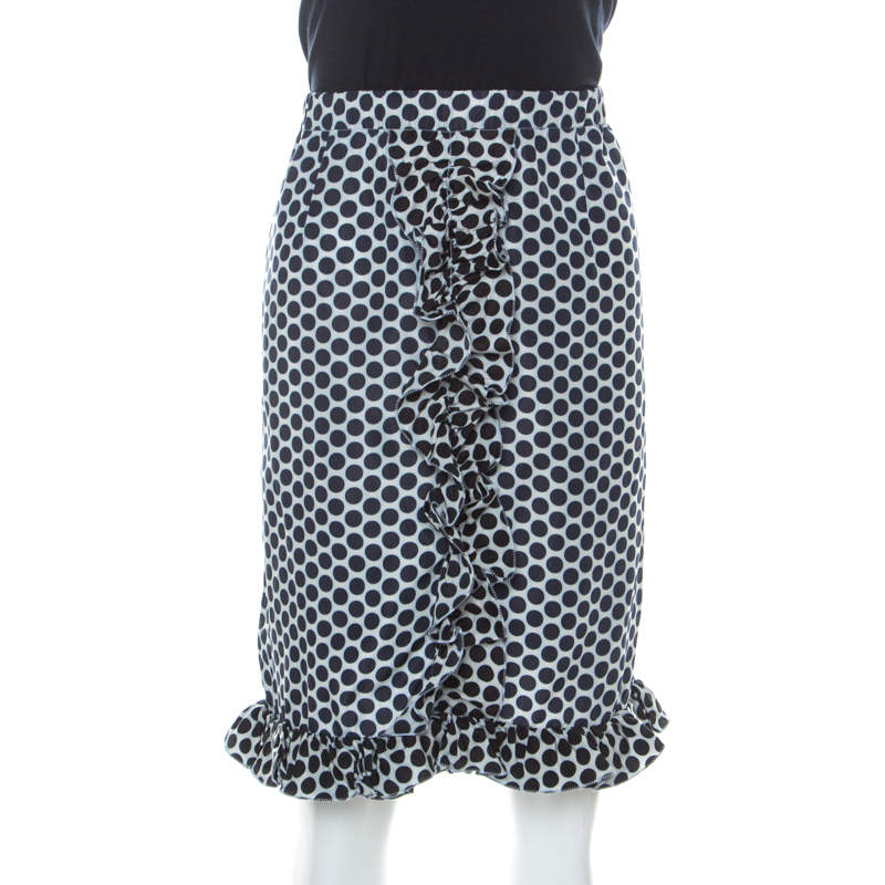 Marni Blue and White Polka Dot Printed Coated Silk Ruffle Detail Skirt S 