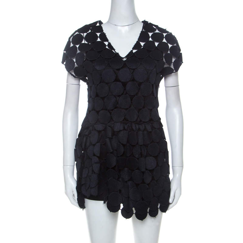 Marni Navy Blue Cotton Blend Macrame Dot Peplum Tunic S