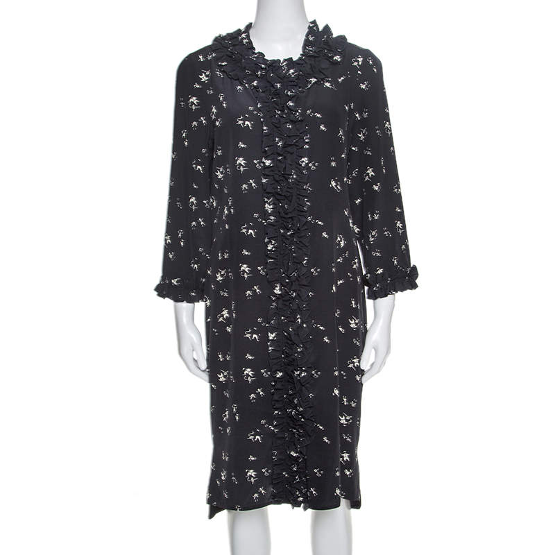 Pre Owned Marni Navy Blue Printed Silk Ruffled Detail Shift Dress M