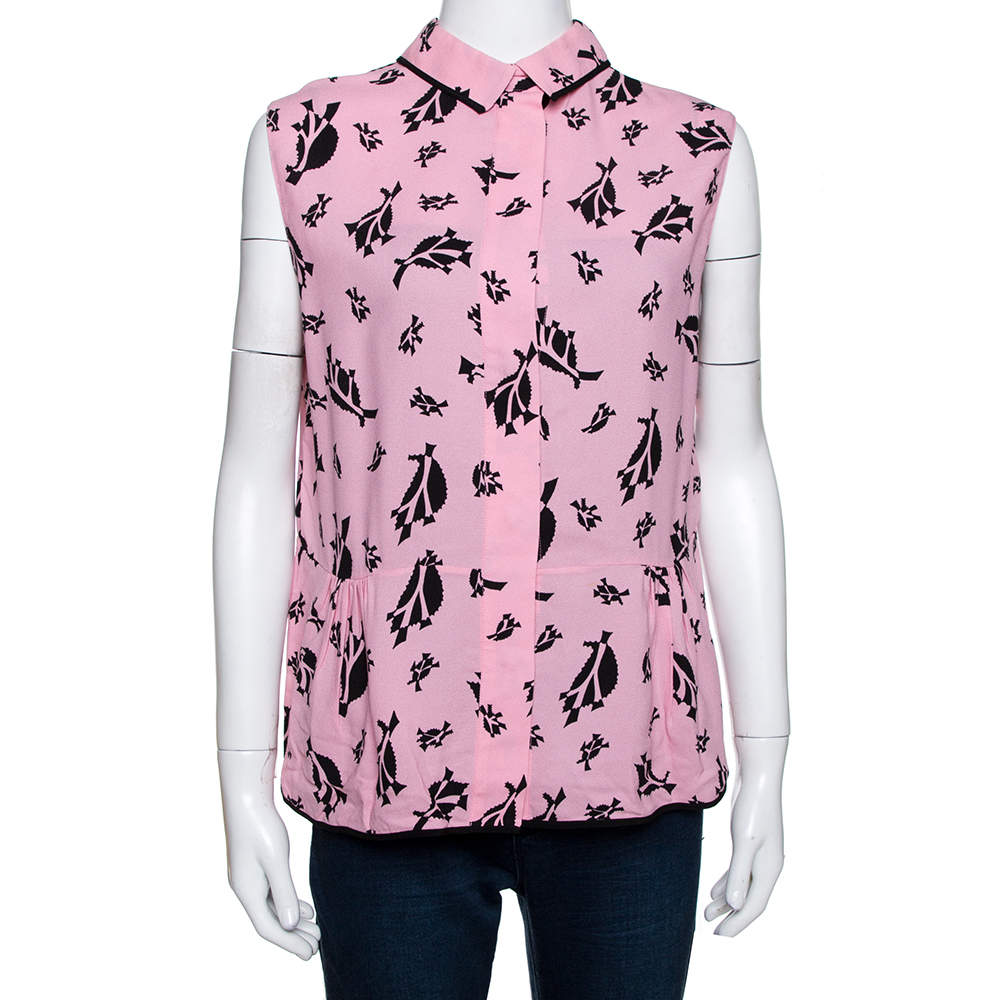Marni Pink Crepe Abstract Print Dual Collar Sleeveless Top M