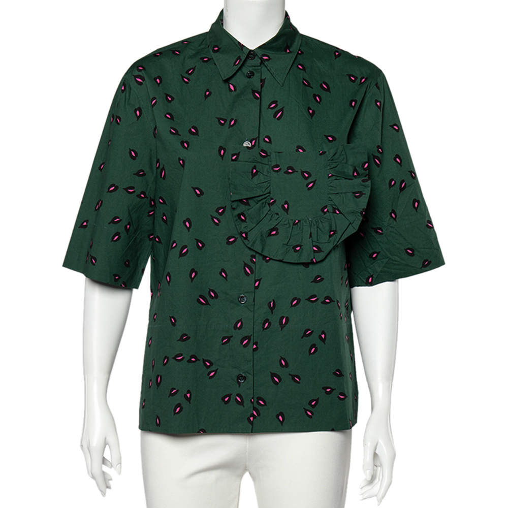 Marni Green Printed Ruffled Trim Pocket Detailed Button Front Shirt S 
