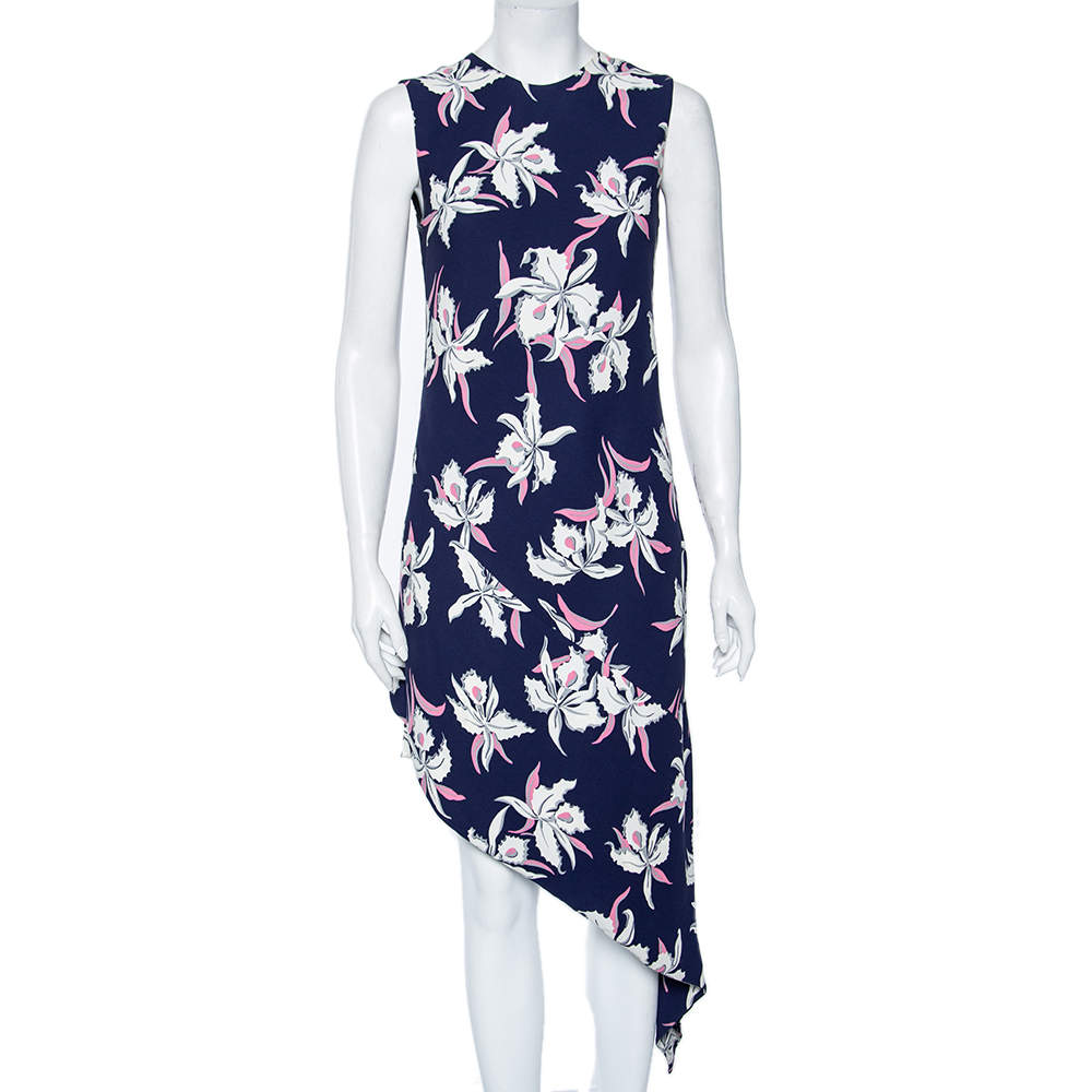 Pre Owned Marni Navy Blue Floral Printed Silk Georgette Asymmetric Dress M