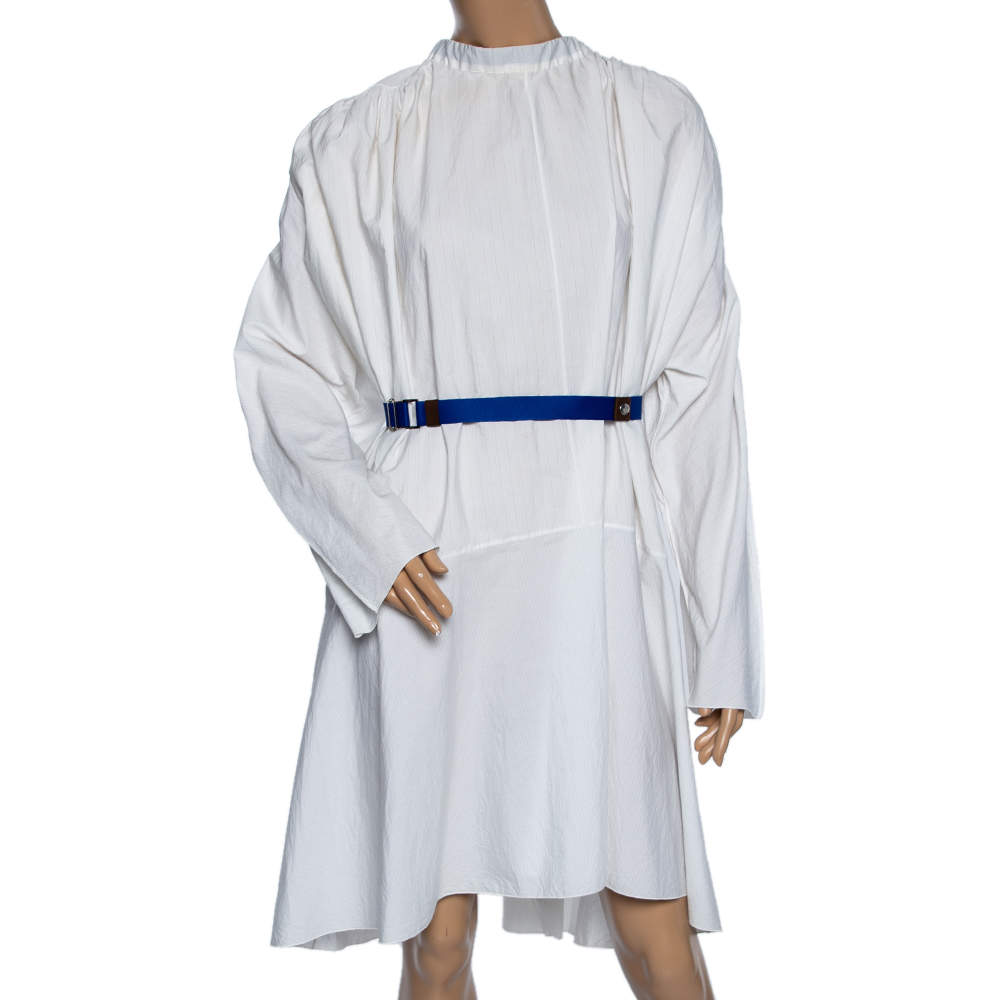 Pre Owned Marni Off-White Striped Cotton Neck Tie Detailed Oversized Belted Dress S
