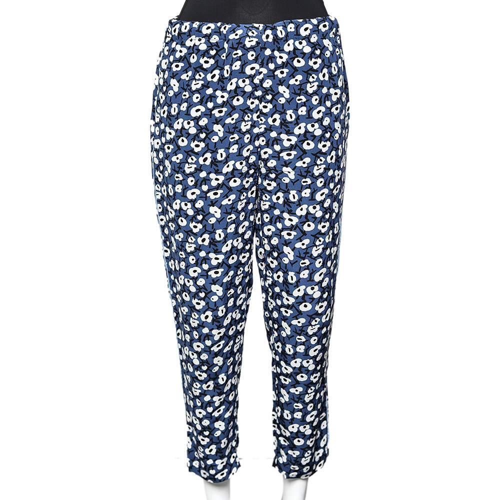 Pre Owned Marni Navy Blue Floral Printed Silk Cropped Trousers M