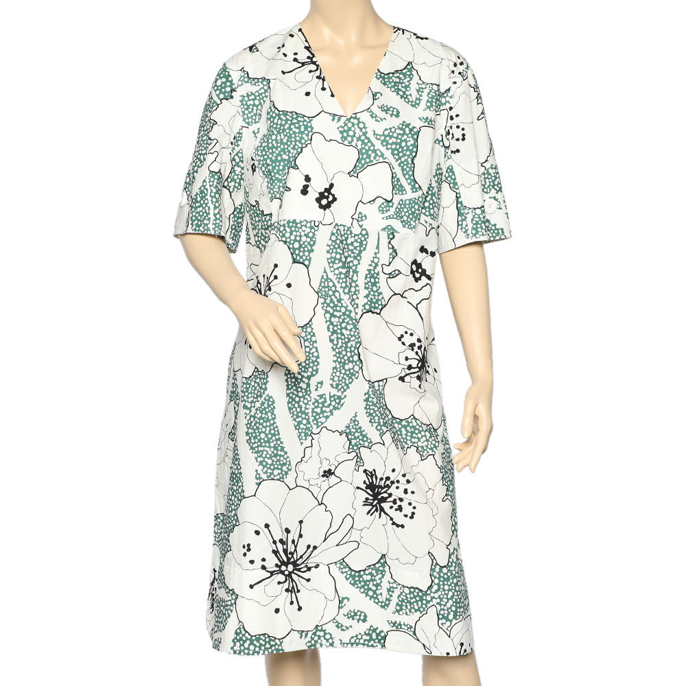 Marni White Floral Printed Cotton V-Neck Midi Dress L