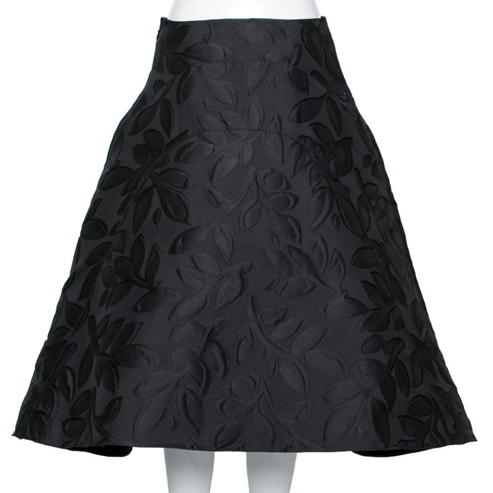 Marni Black Leaf Patterned Textured Flared Midi Skirt S