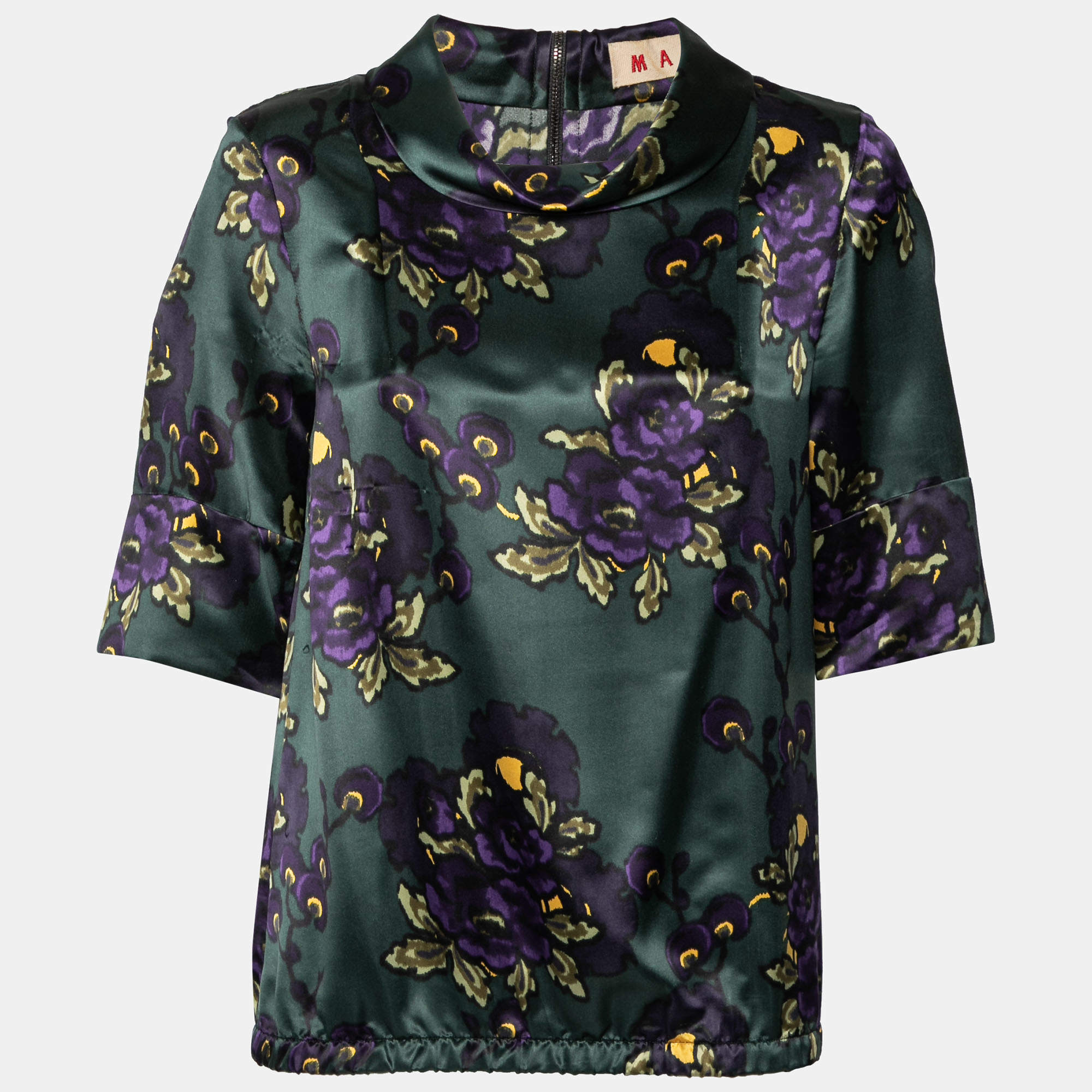 Pre Owned Marni Forest Green Printed Silk Satin Blouse S