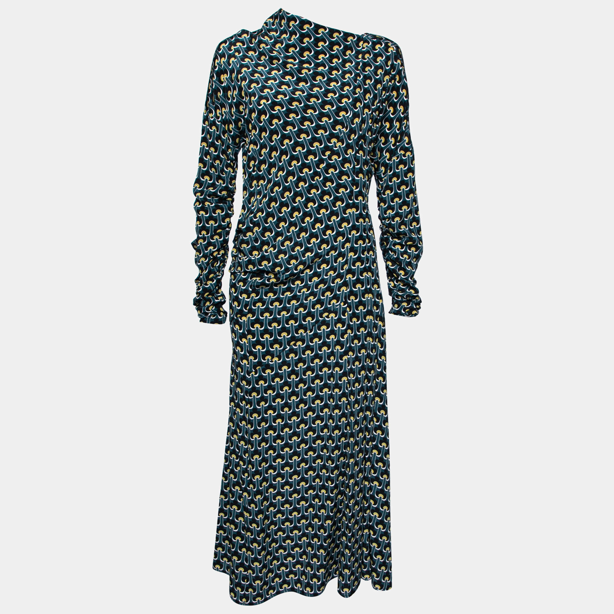 Pre Owned Marni Green Printed Silk Gathered Detail Draped Dress M