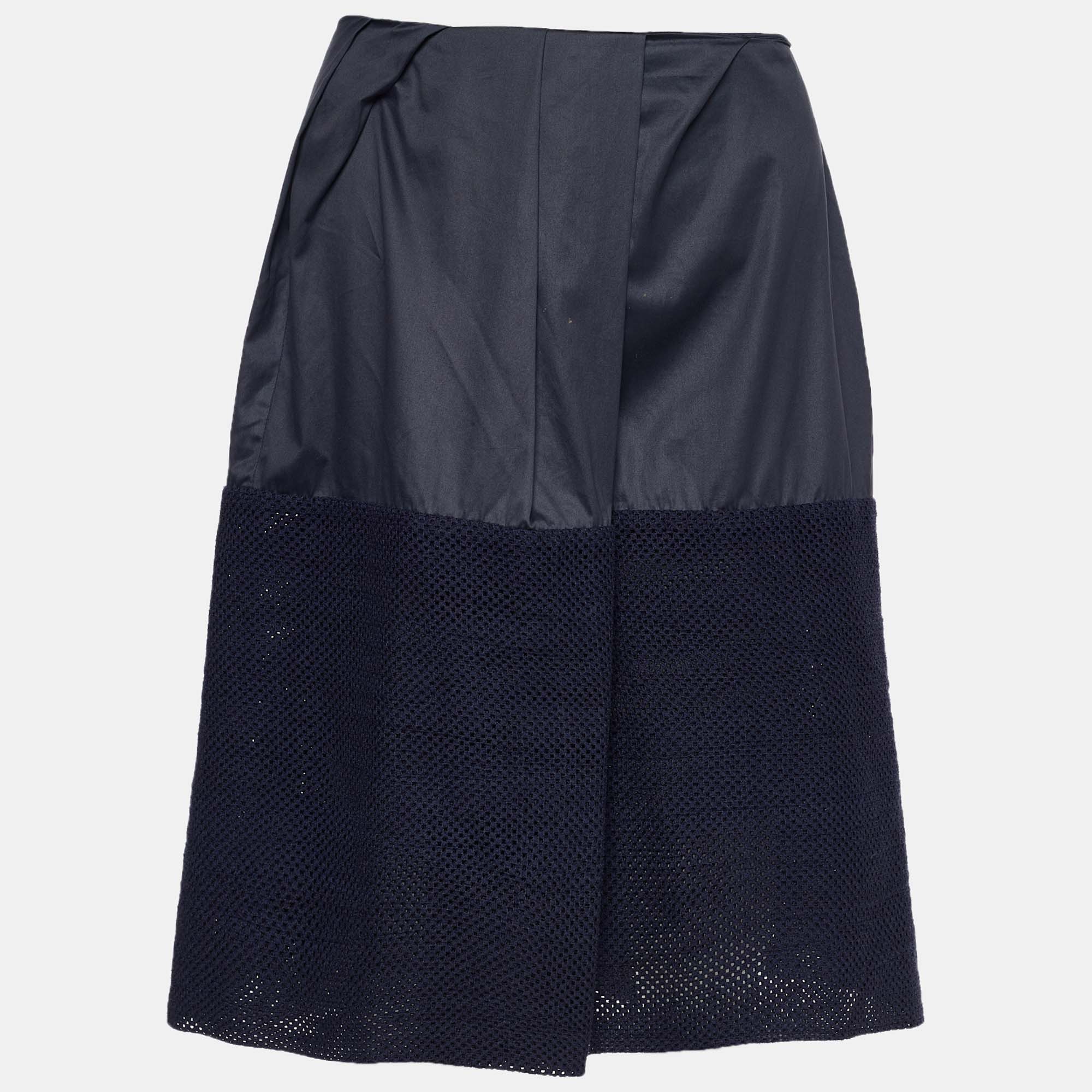 Pre Owned Marni Grey & Navy Blue Eyelet Paneled Cotton Short Skirt L