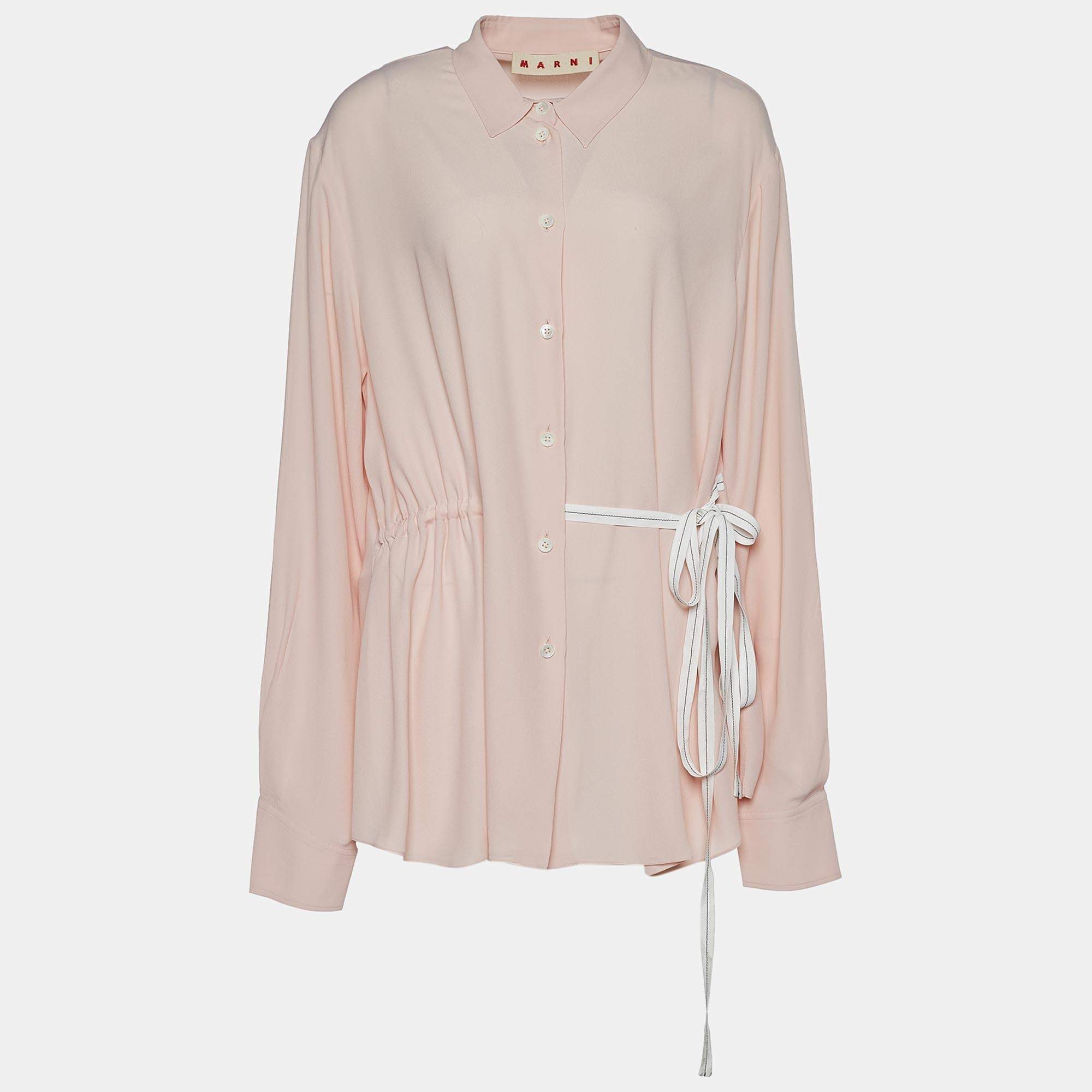 Marni Blush Pink Crepe Silk Button Front Belted Button Front Blouse M