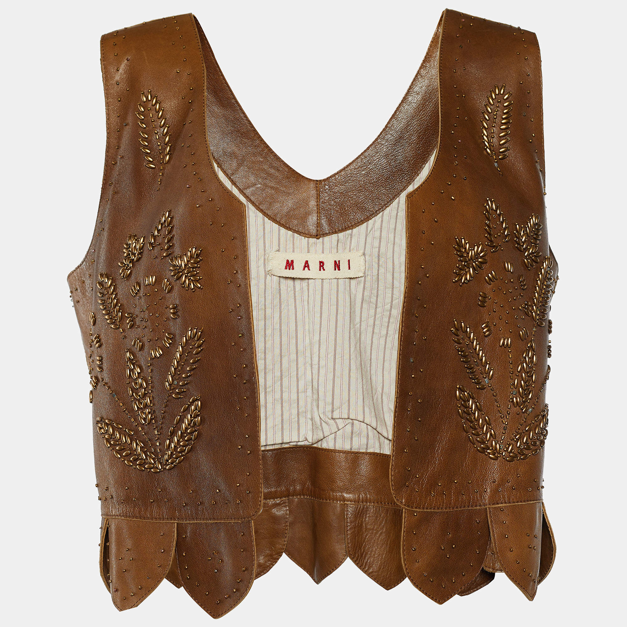 Pre Owned Marni Brown Leather Beads Embellished Crop Vest M