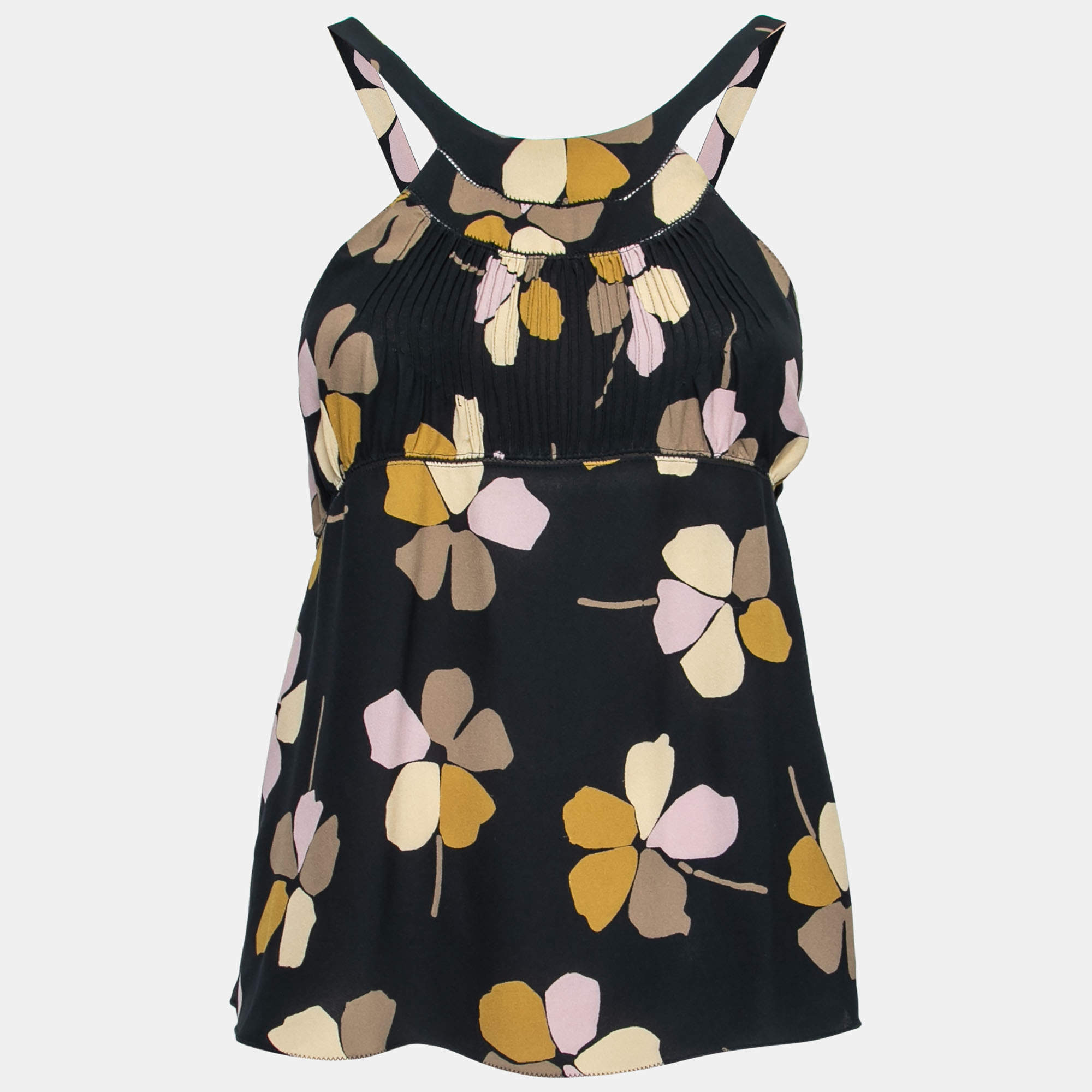 Pre Owned Marni Black Floral Print Silk Pleated Detail Sleeveless Top S
