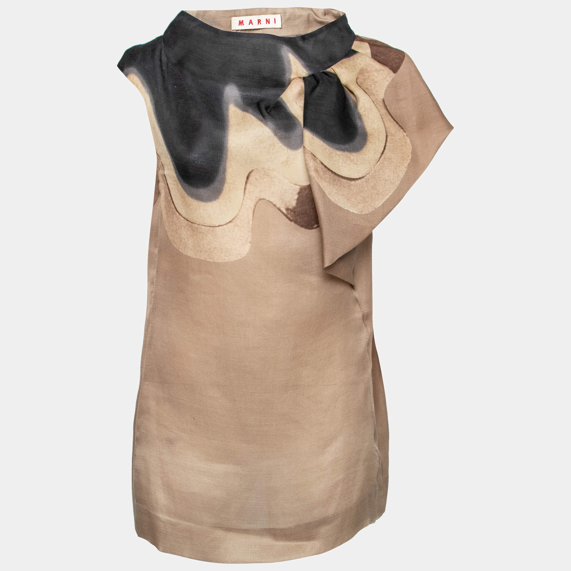 Marni Brown & Black Print Silk Ruffled Detail Top M