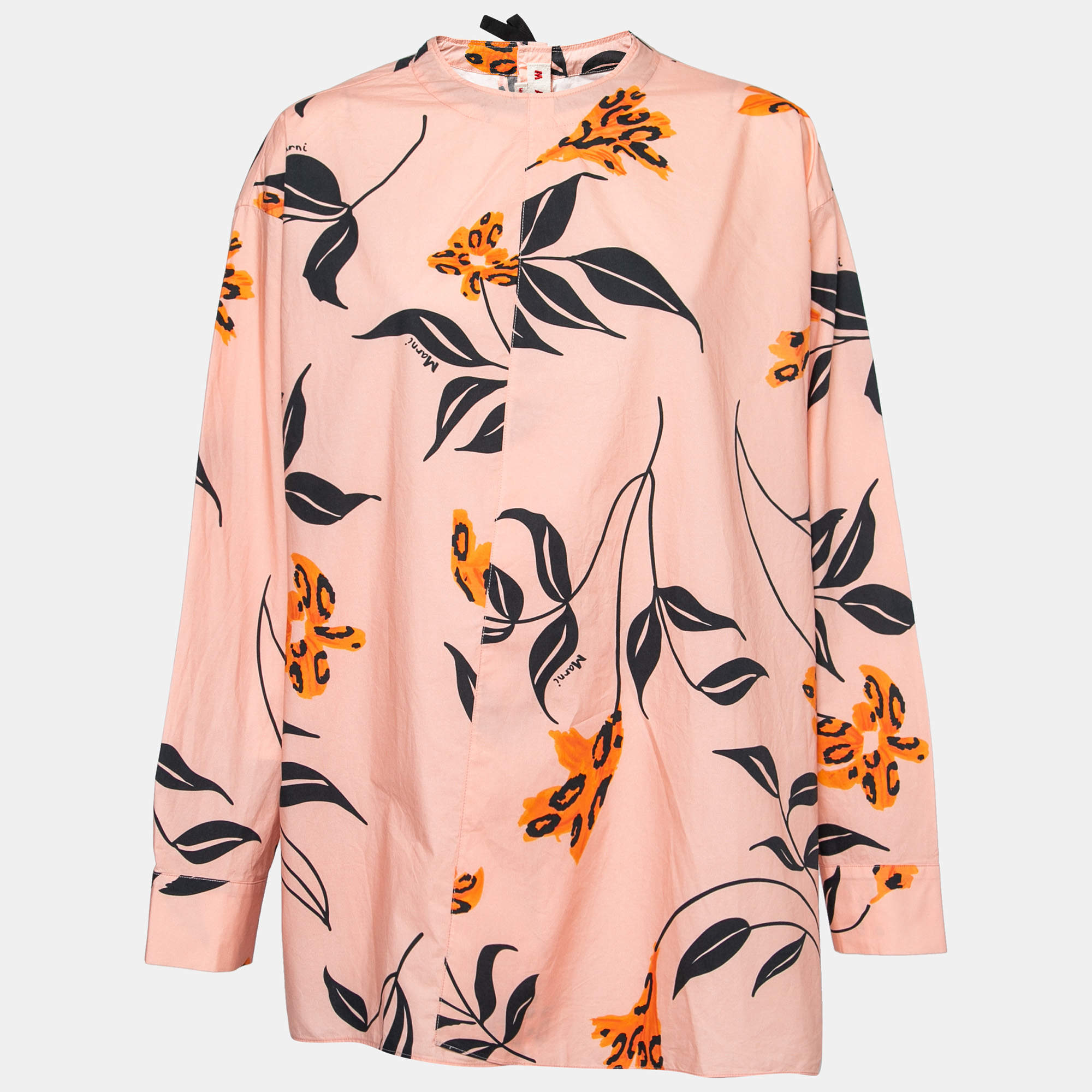 Pre Owned Marni Pink Floral Print Cotton Collarless Top M