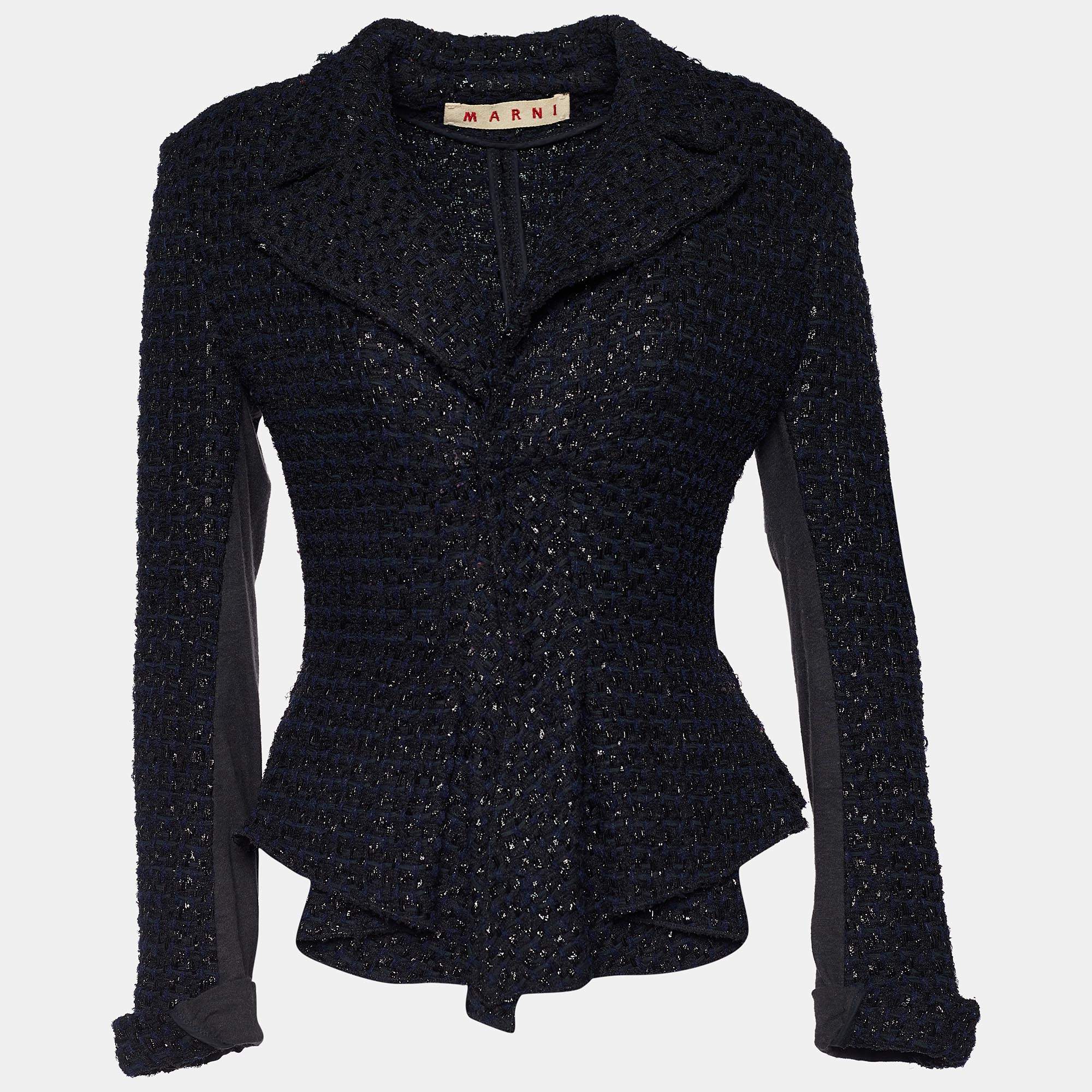 Marni Navy Blue Lurex Tweed Draped Peplum Jacket M