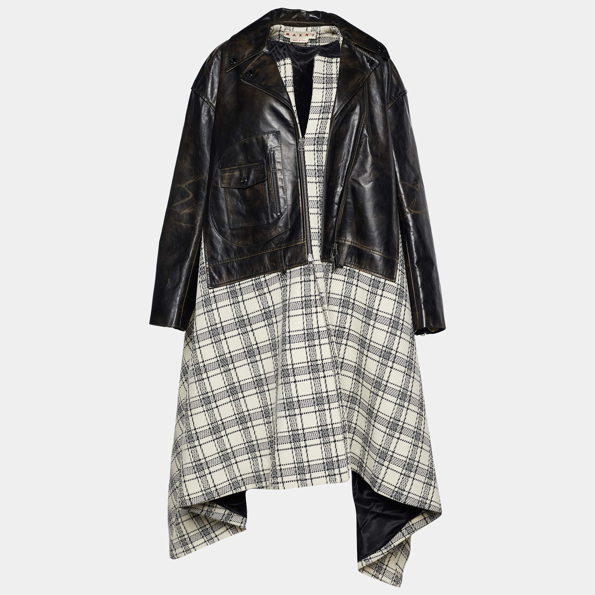 Marni Monochrome Leather & Plaided Wool Layered Long Coat M