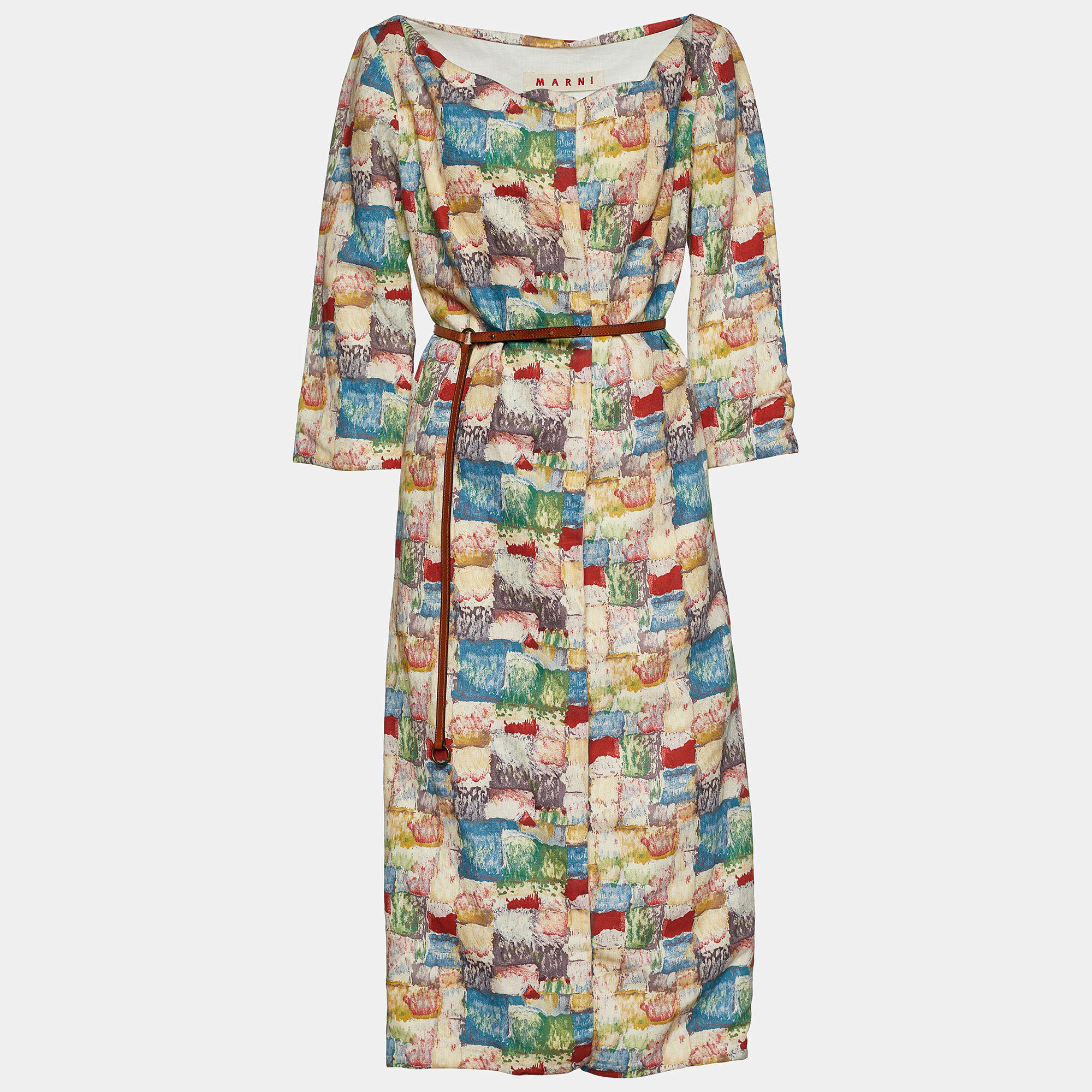 Pre Owned Marni Multicolor Printed Cotton & Linen Open Front Long Shrug M