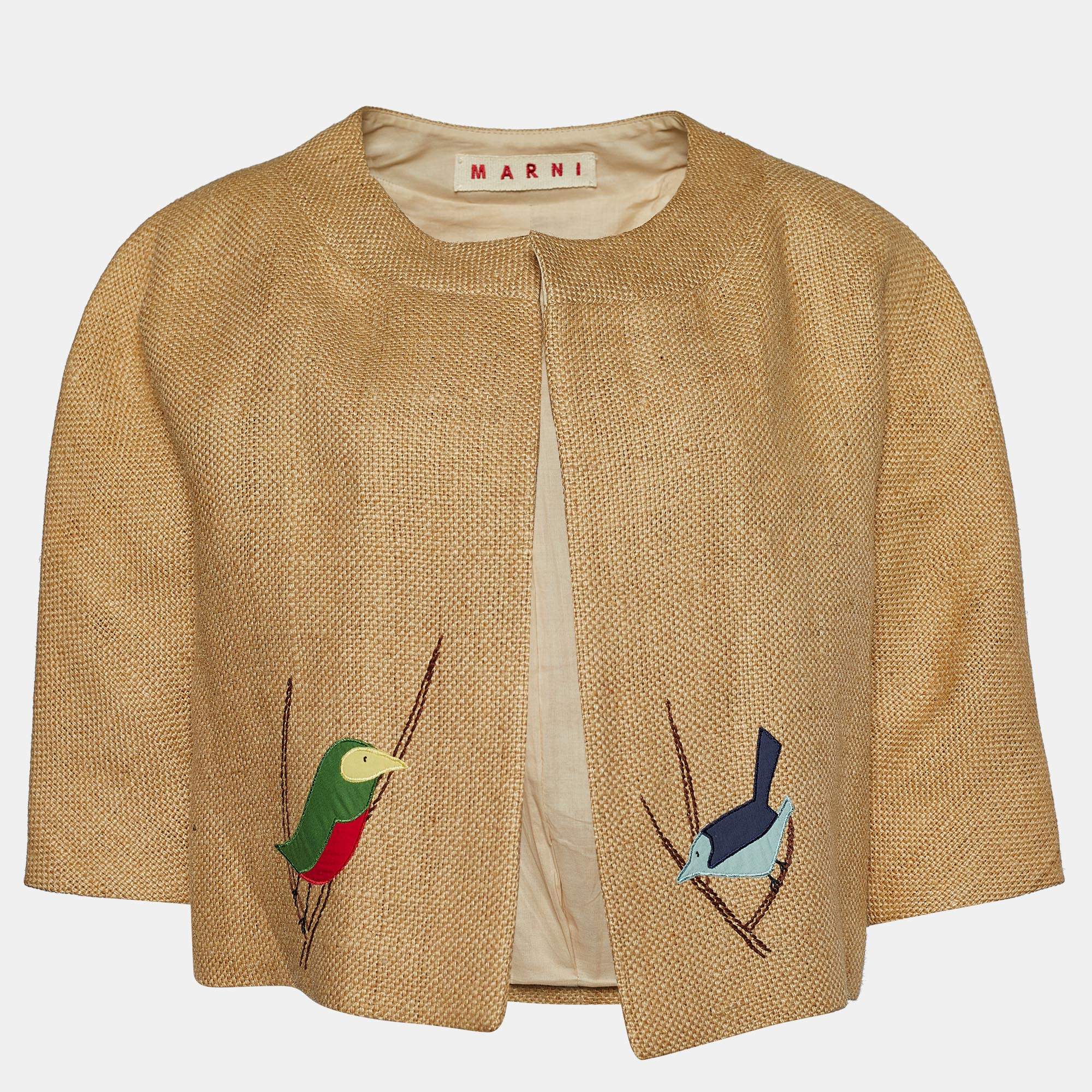 Marni Beige Jute Bird Appliqued Open Front Jacket M