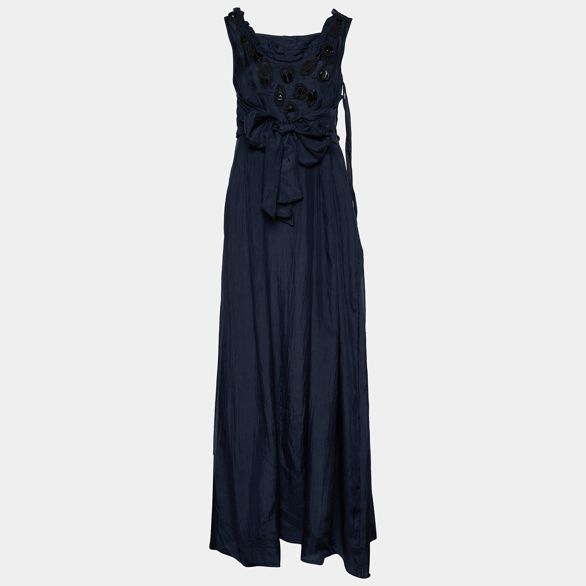 Marni Navy Blue Silk Applique Detail Belted Sleeveless Maxi Dress M