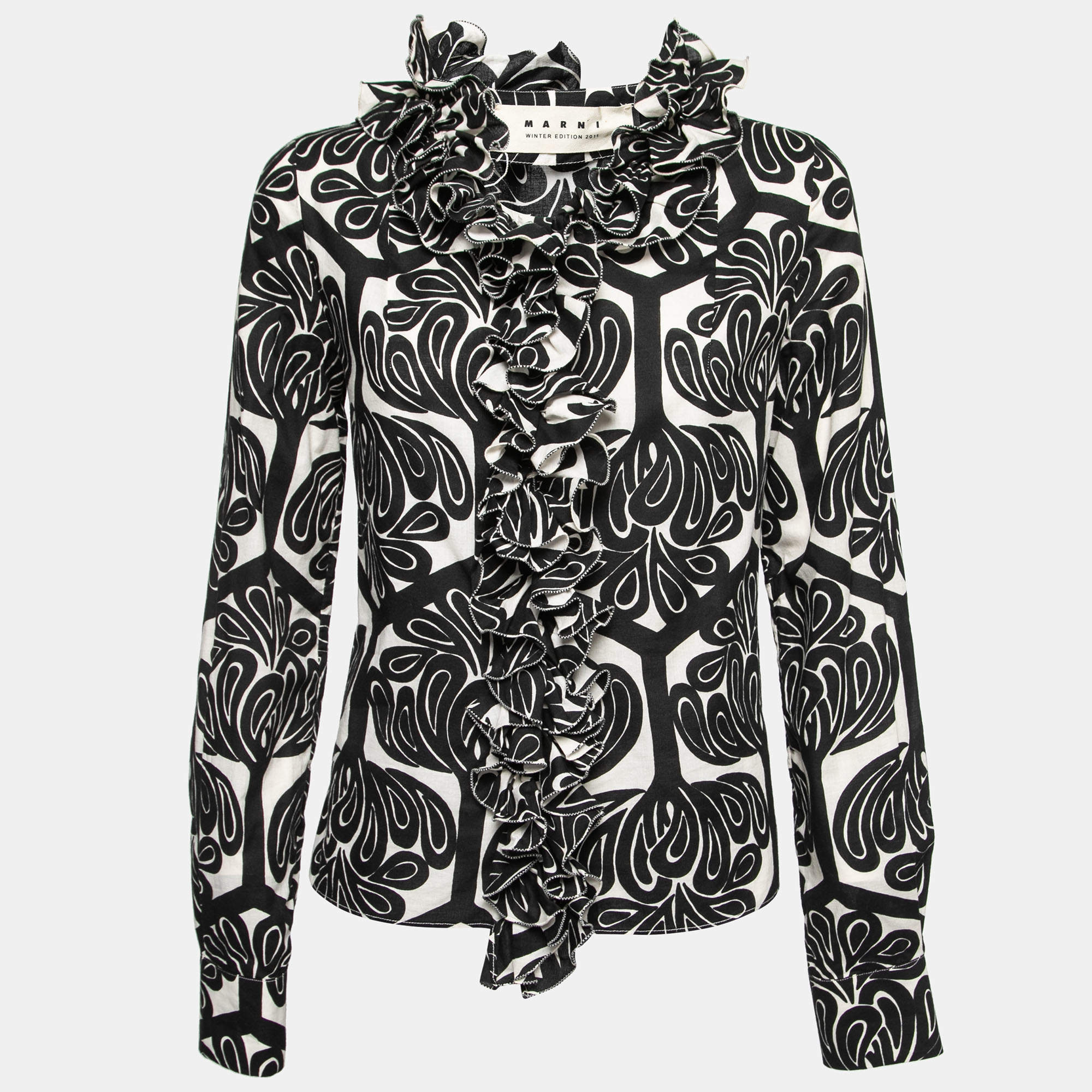 Pre Owned Marni Black Printed Cotton Ruffled Trim Detail Button Front Shirt S