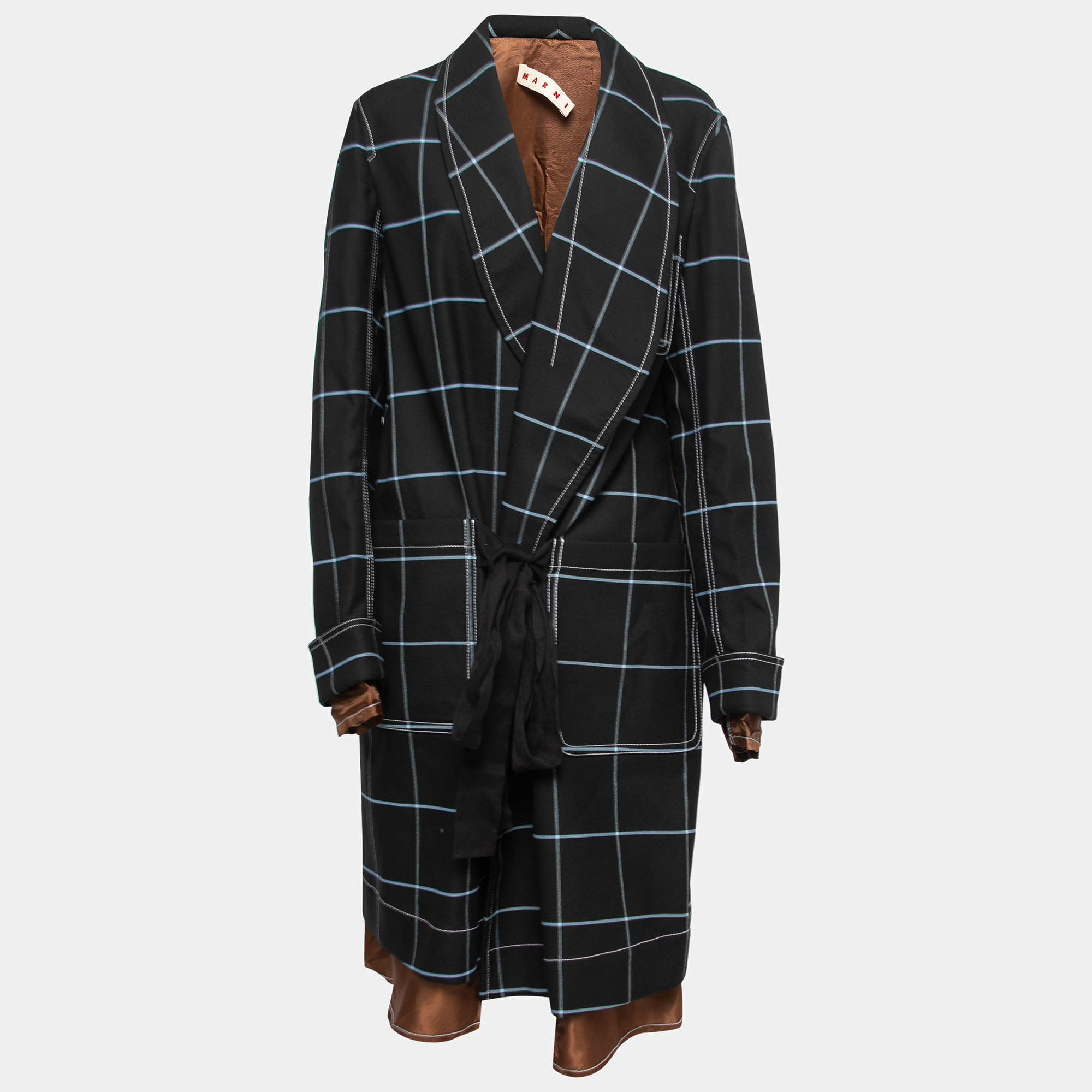 Marni Black Windowpane Check Tie-Front Coat S