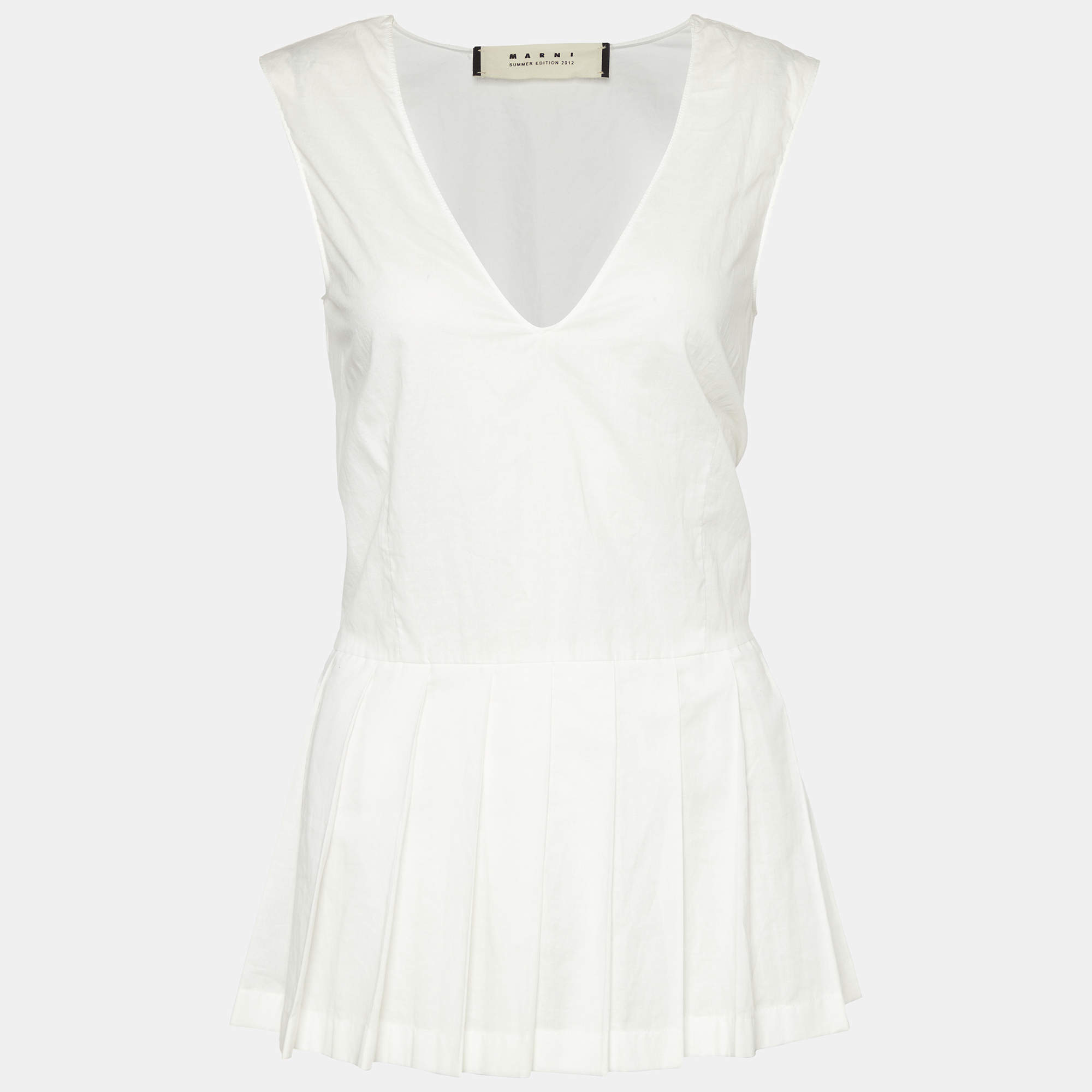 Pre Owned Marni White Cotton Pleated Hem Tank Top S