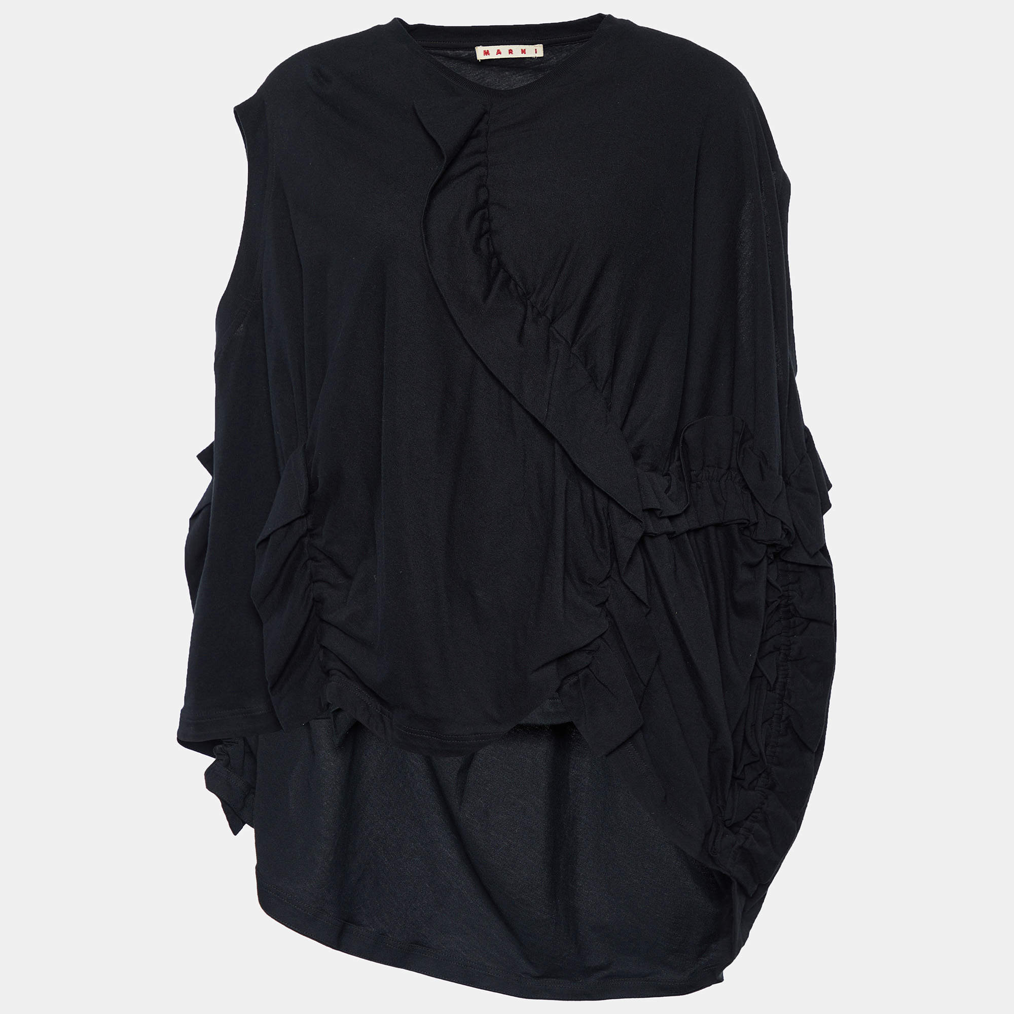Pre Owned Marni Black Cotton Knit Ruche Detail Oversized T-Shirt S