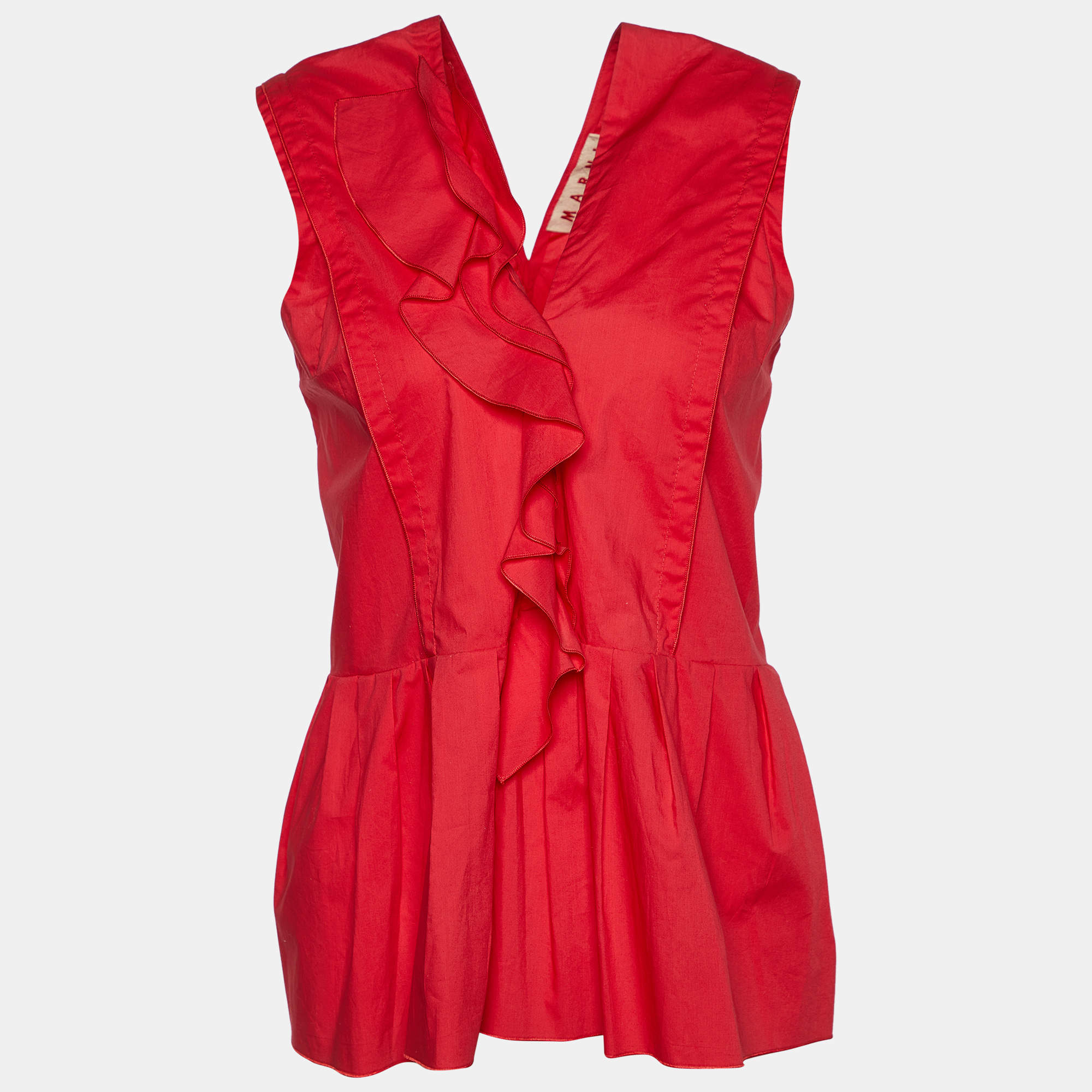 Pre Owned Marni Red Cotton Ruffle Detail Sleeveless Top M
