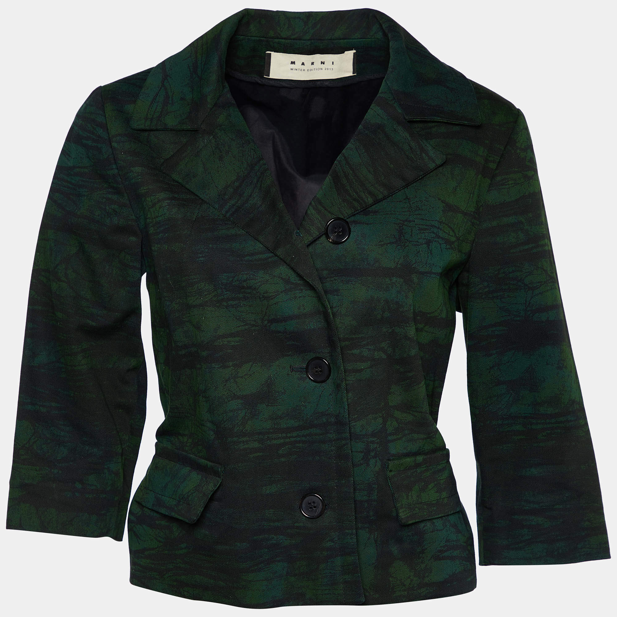Marni Dark Green Printed Cotton Button Front Cropped Jacket S