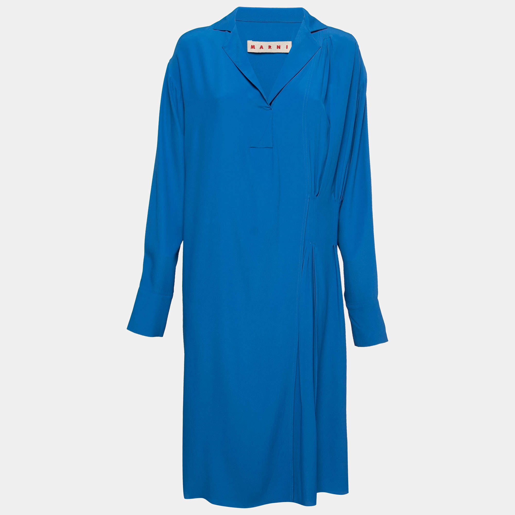 Pre Owned Marni Blue Crepe Pleated Collared Midi Dress S