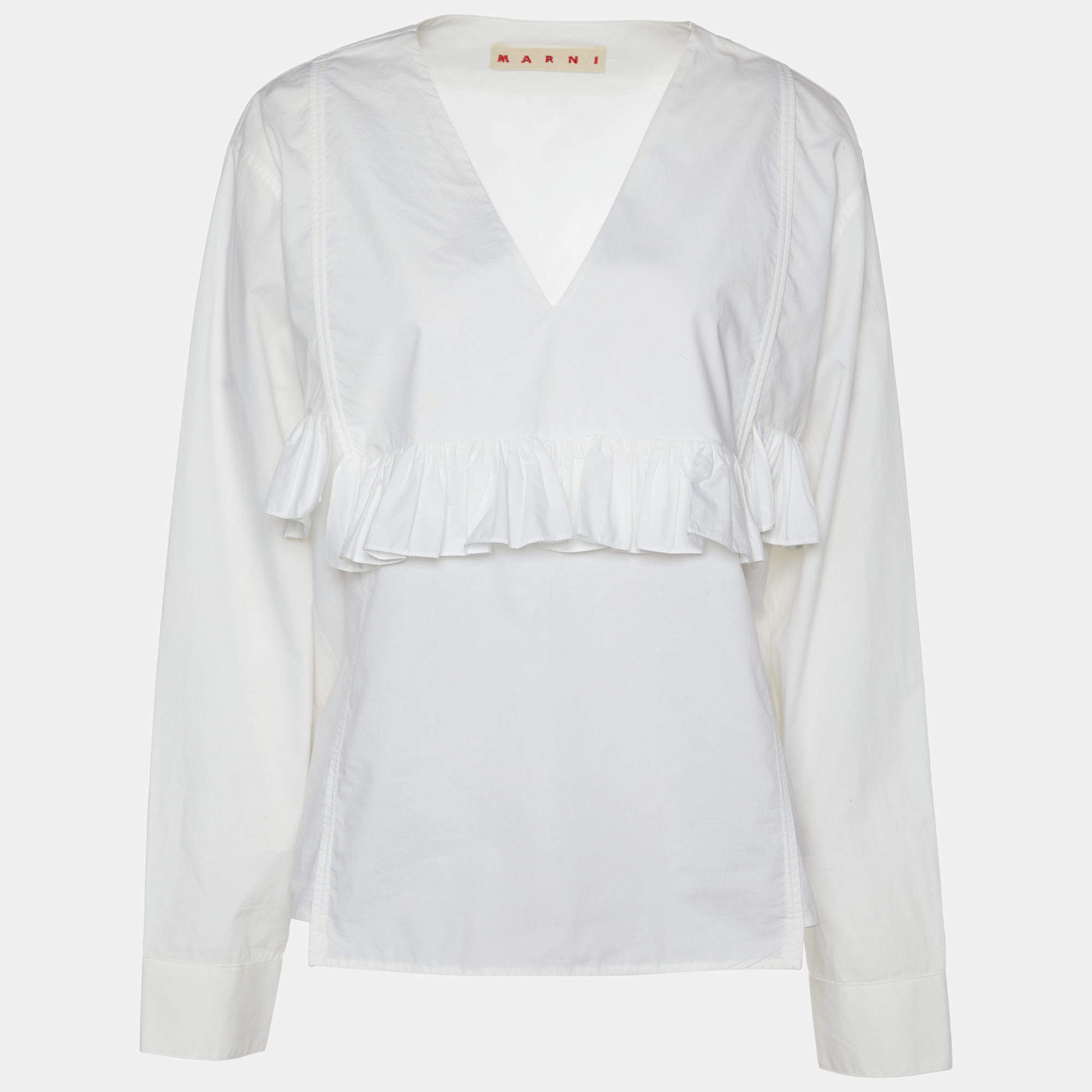 Pre Owned Marni White Cotton Ruffle Detail V-Neck Top L