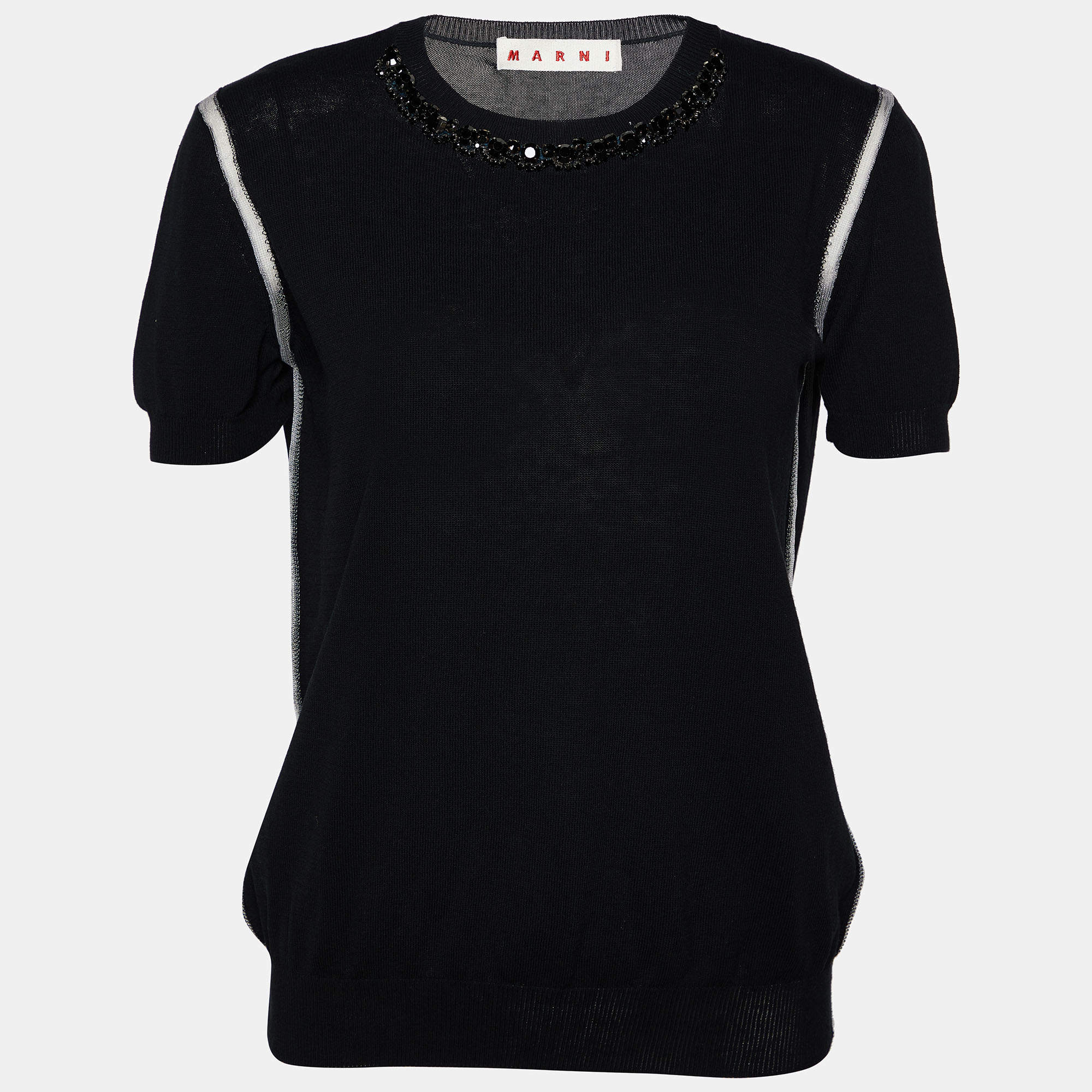 Pre Owned Marni Black Rib Knit Embellished Neck Detail Sweater Top S