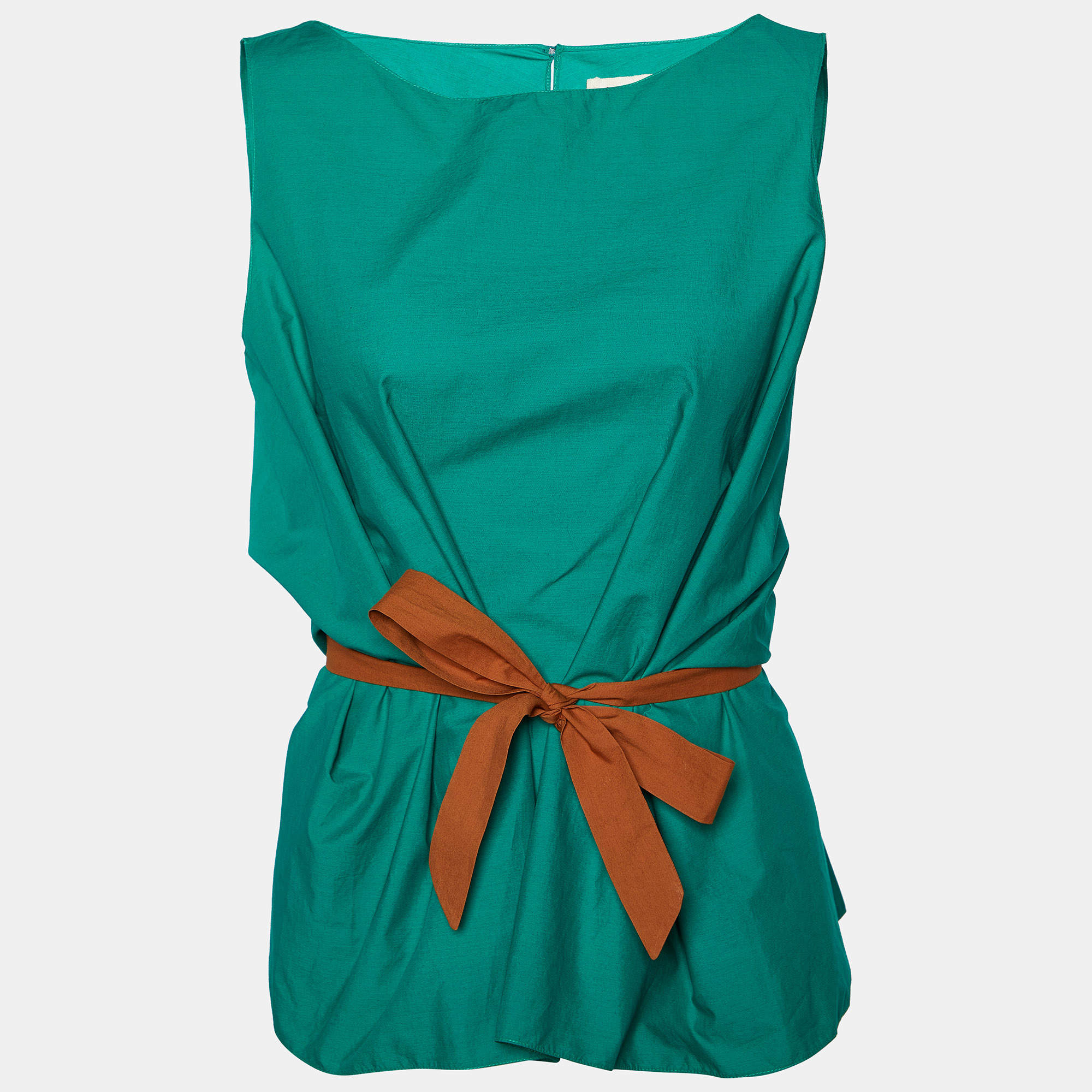 Pre Owned Marni Green Cotton Contrast Waist Tie Detail Sleeveless Top M