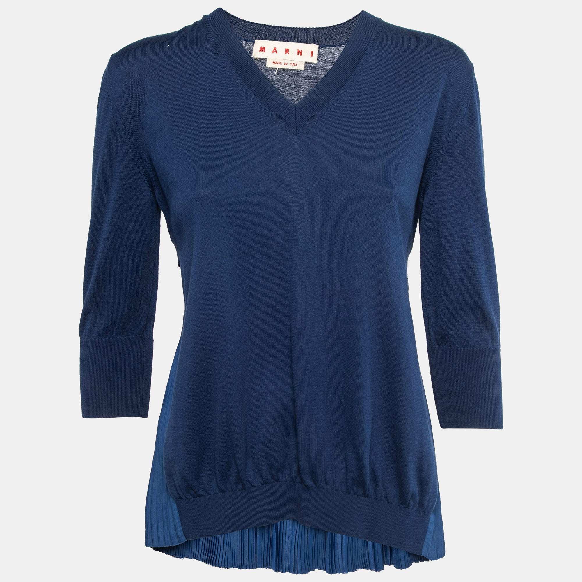 Marni Blue Knit V-Neck Pleated Pullover M