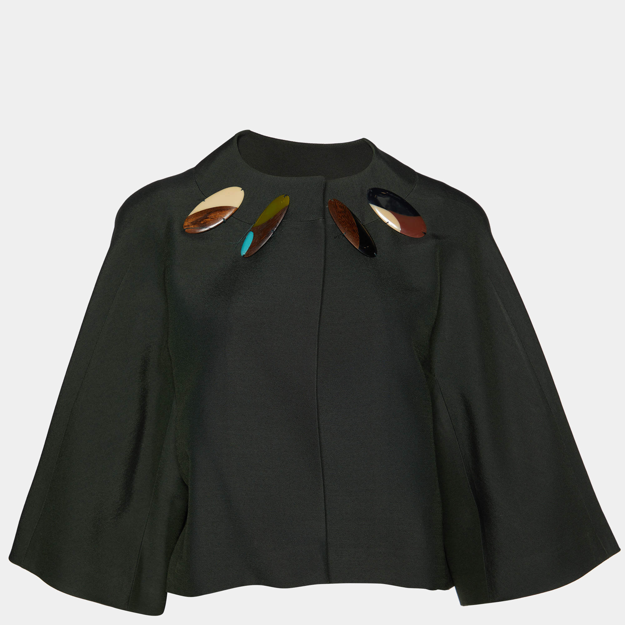 Pre Owned Marni Dark Green Wool & Silk Embellished Neck Open Front Cropped Jacket S